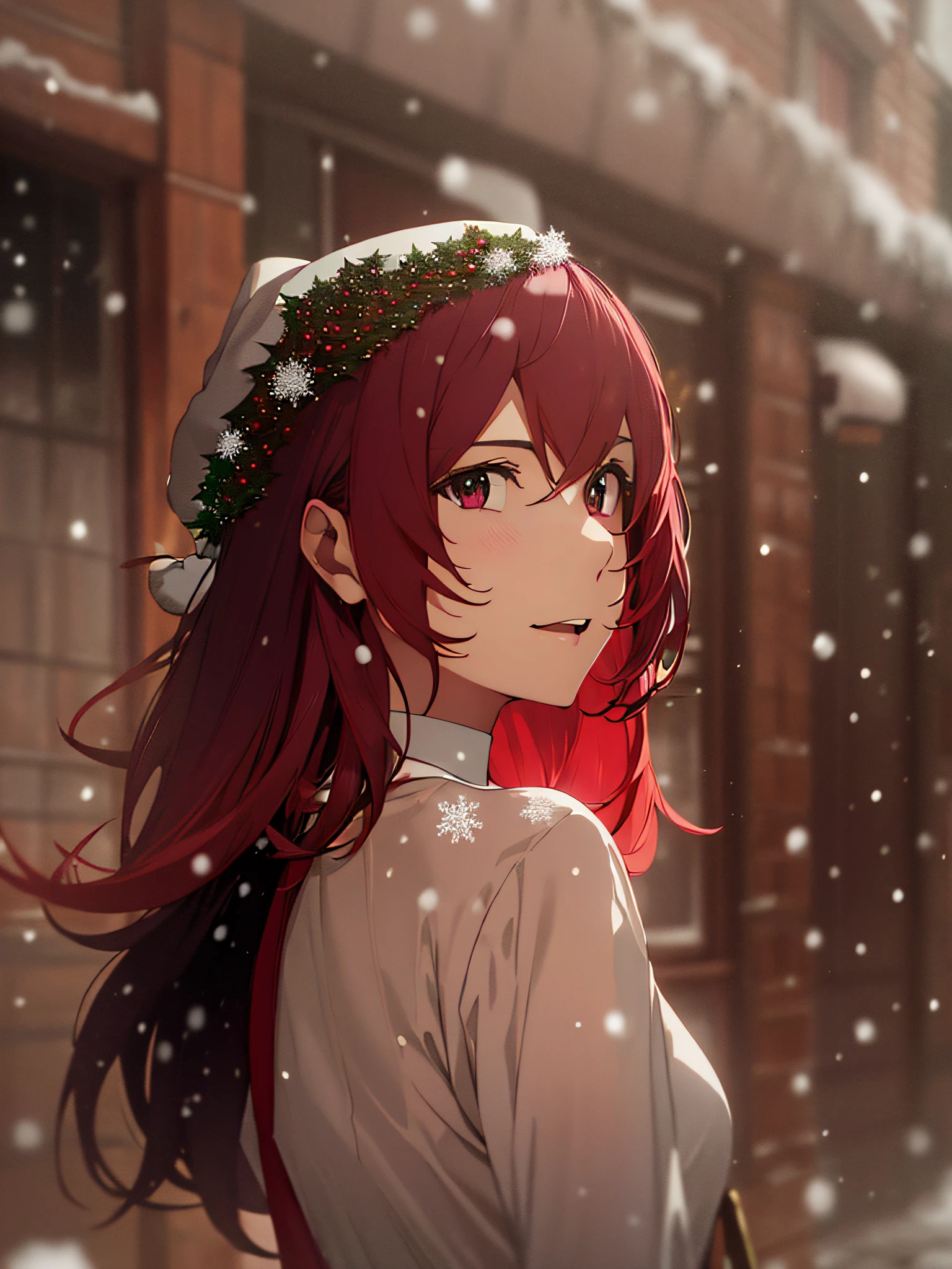 arafed woman with red hair and a white dress posing for a picture,((young)),(((red christmas hat))),Masterpiece, Best quality,Christmas, high resolution, Christmas,Snow, ((2d anime)),((Snow in the background))