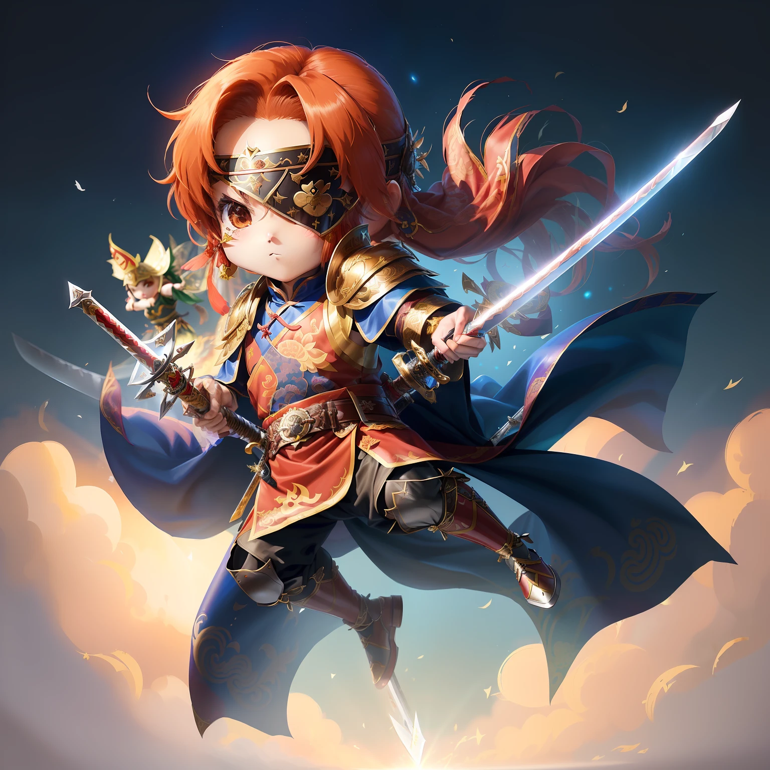 Sword dance anime characters,(Chibi anime characters:1.5),With a mask.,(tchibi:2.2),(Solo:1.5),(sword:1.5),(Chinese wind:1.2),(Chivalrous type:1.4),(Sword dance:1.2),Large range of action,(blindfolds:1.3),(Big action:1.5),(Male characters:1.8),(Long sword:1.5),(Chinese style clothing:1.5),(Bunched hair:1.5),elegant,jump,Male,(Sword fighting moves:1.7),(Yu Pei:1.2),Hair accessories,(Delicate belt:1.2),Pattern,Pattern,(leather shoulder armor:1.1),(sword dance action:1.5),Wu Jian in action,Cloak,(Chinese shoes:1.2),(Chinese fairy costume:1.6),(Headwear:0.9),waistup,(Belt accessories:1.1),Garment edges,Long knees,