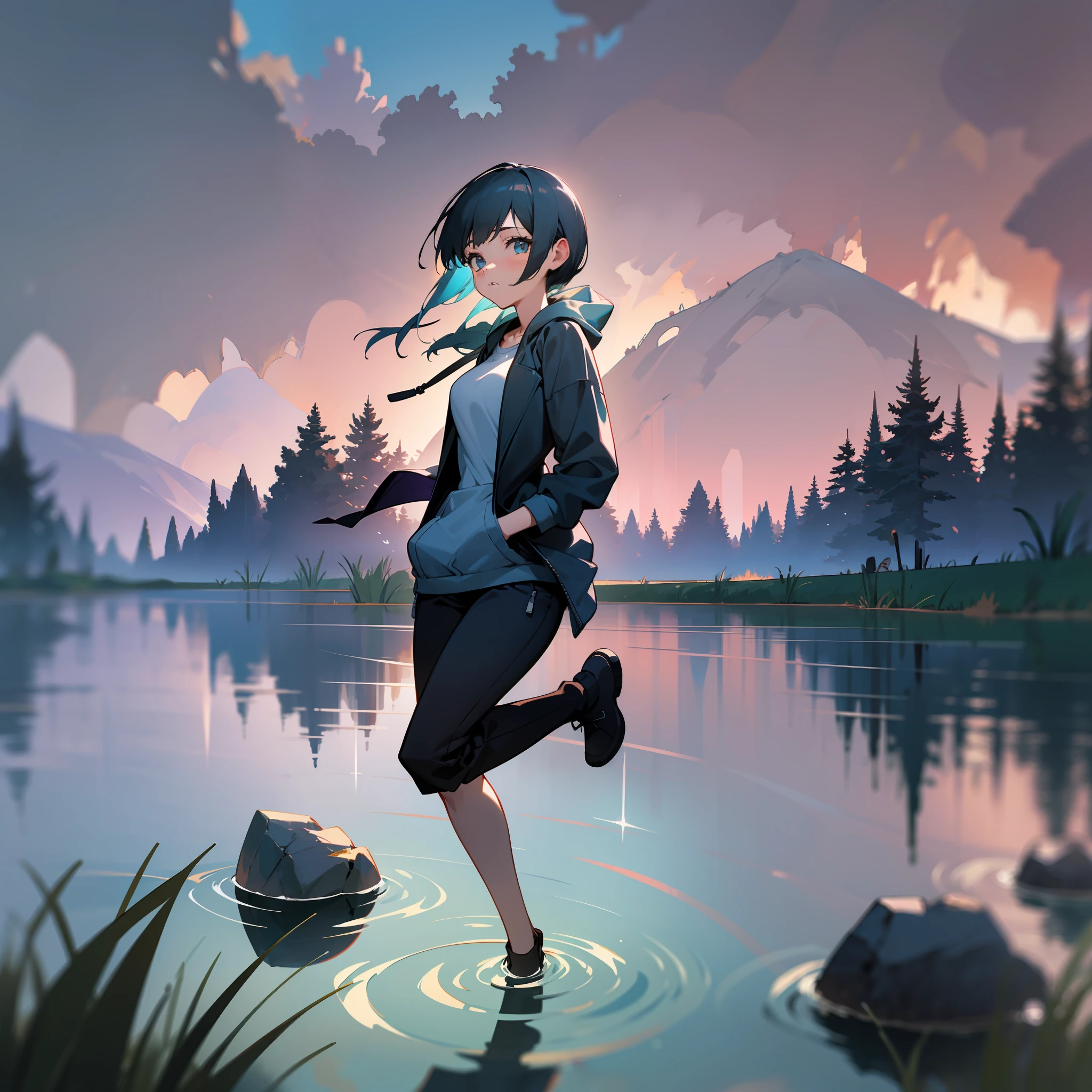mksks style, (very detailed background:1.0), (highly detailed background:1.0), 1girl, full_body, looking_at_viewer, hoodie, partially_unzipped, masterpiece, best quality, (1girl, solo, girl:1.2), lake, grass, walking on water, jumping, stone ruins, chromatic aberration, depth of field, soft lighting