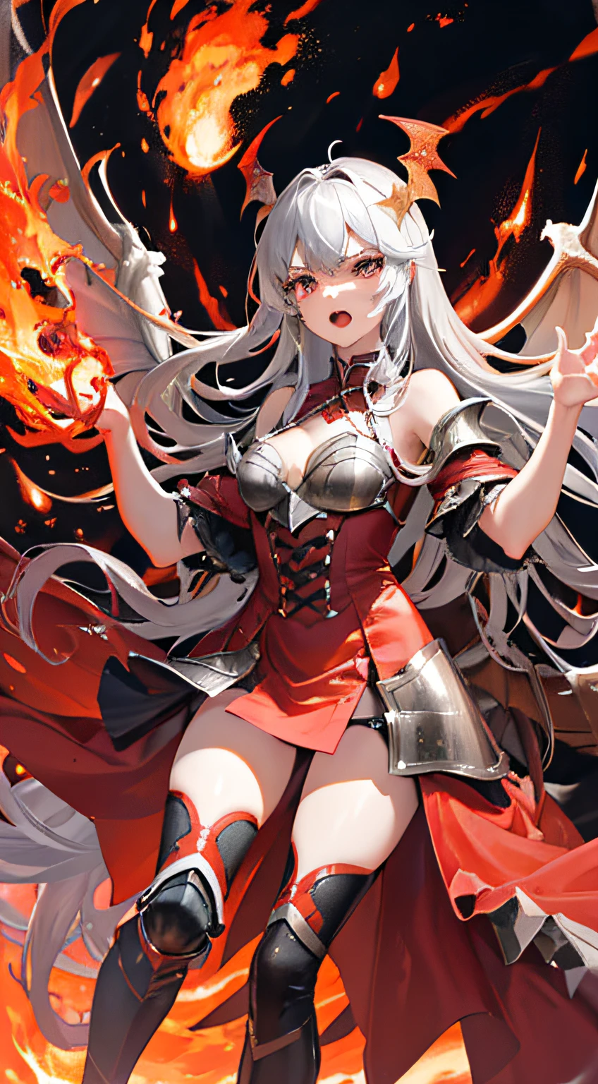 absurderes, A high resolution.wonderful dress，Beautiful dress.(Doragon girl:1.3), Doragon (horn:1.2), fantasy, Doragon Demon (Wings:1.3), spread the wings, (Long gray hair), (Angry), The eyes grow greatly, (Scale armor:1.3) Red clothes, (delicate leg:1.2), Open mouth, Fang, Dynamic Angle, Magical fire effect, (Claw pose:1.2), (full bodyesbian), Open legs, standing,.Break.The background is an erupting volcano, Fire, Flames erupted, Explosion.Break.(Solo:1.5).