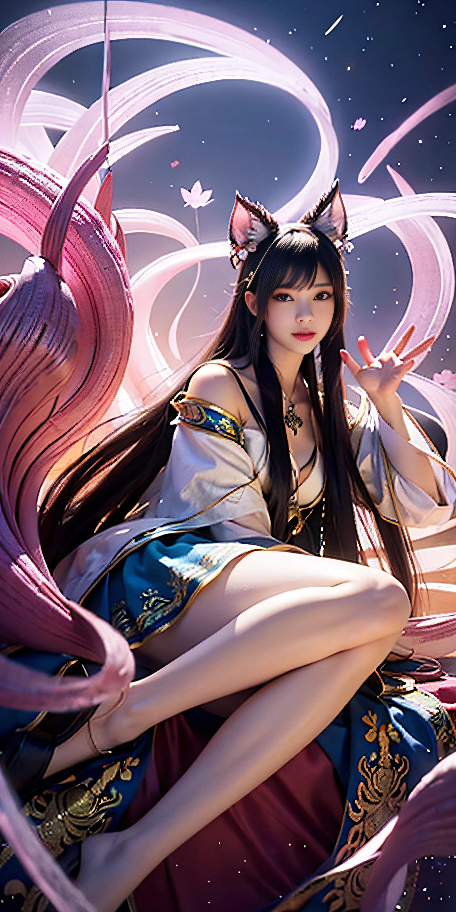 ahri, 1girl in, portlate, Solo, 9 tails, flower field, florals, (White smoke:1.3) (Photorealistic:1.4), Zentangle, mandalas, Entangle, Official art, Unity 8k壁纸, ultra-detailliert, Beautiful and aesthetic, masutepiece, Best Quality, (Dynamic Angle:1.4), Glowing skin, (floating colorful sparkles:1) Most Beautiful Form of Chaos, Elegant, a brutalist designed, vivd colour, Romanticism Depth of Field