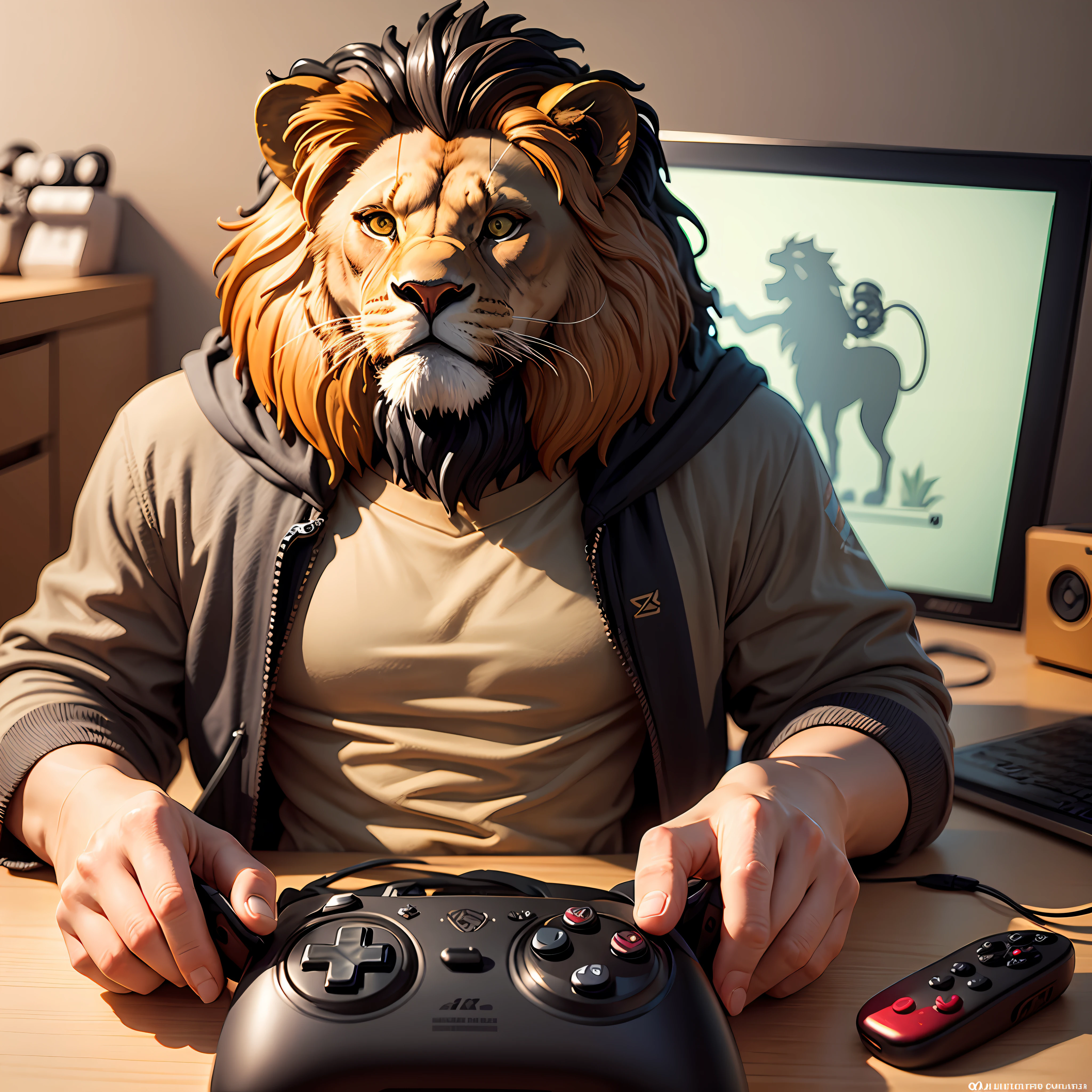 Make a logo type in the style of figurine, that has a lion with a video game controller, cartoon --auto