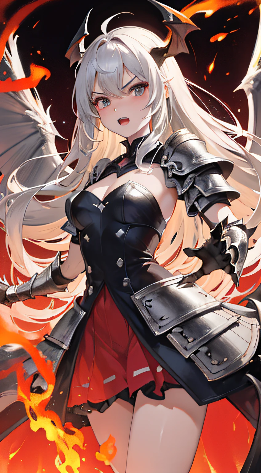 absurderes, A high resolution.wonderful dress，Beautiful dress.(Doragon girl:1.3), Doragon (horn:1.2), fantasy, Doragon Demon (Wings:1.3), spread the wings, (Long gray hair), (Angry), The eyes grow greatly, (Scale armor:1.3) Red clothes, (delicate leg:1.2), Open mouth, Fang, Dynamic Angle, Magical fire effect, (Claw pose:1.2), (full bodyesbian), Open legs, standing,.Break.The background is an erupting volcano, Fire, Flames erupted, Explosion.Break.(Solo:1.5).