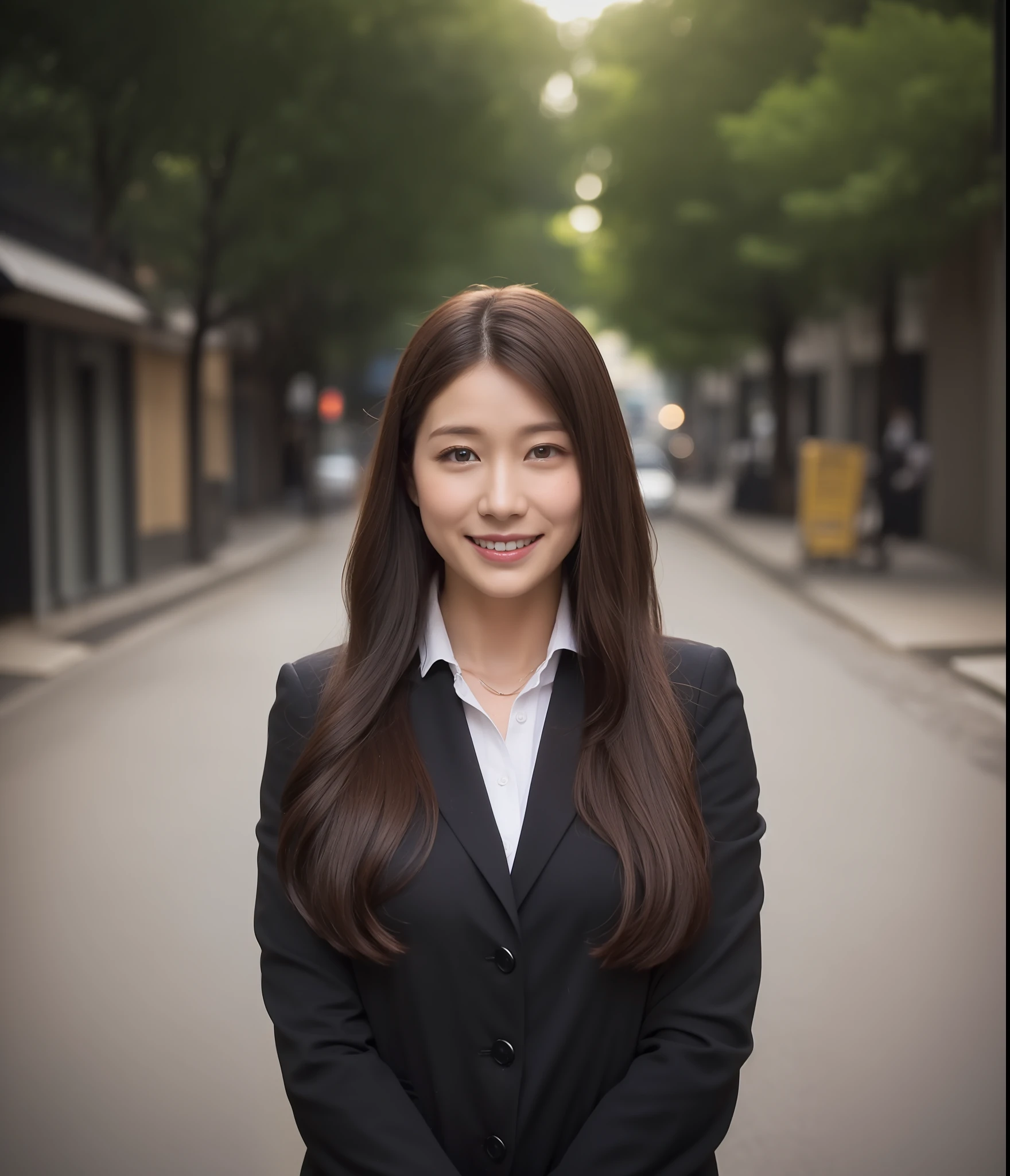 ((top-quality、8K、masterpiece:1.3))、foco nítido:1.2、Perfect Body Beauty:1.4、Slim abs:1.2、((dark brown long hair、Colossal tits:1.3))、(natural soft light、street corner:1.2)、Highly detailed facial and skin texture、A detailed eye、(二重まぶた)、(((dynamic ungle))),Streets of Tokyo、Silvery thin necklace、drooing eyes、Smiling