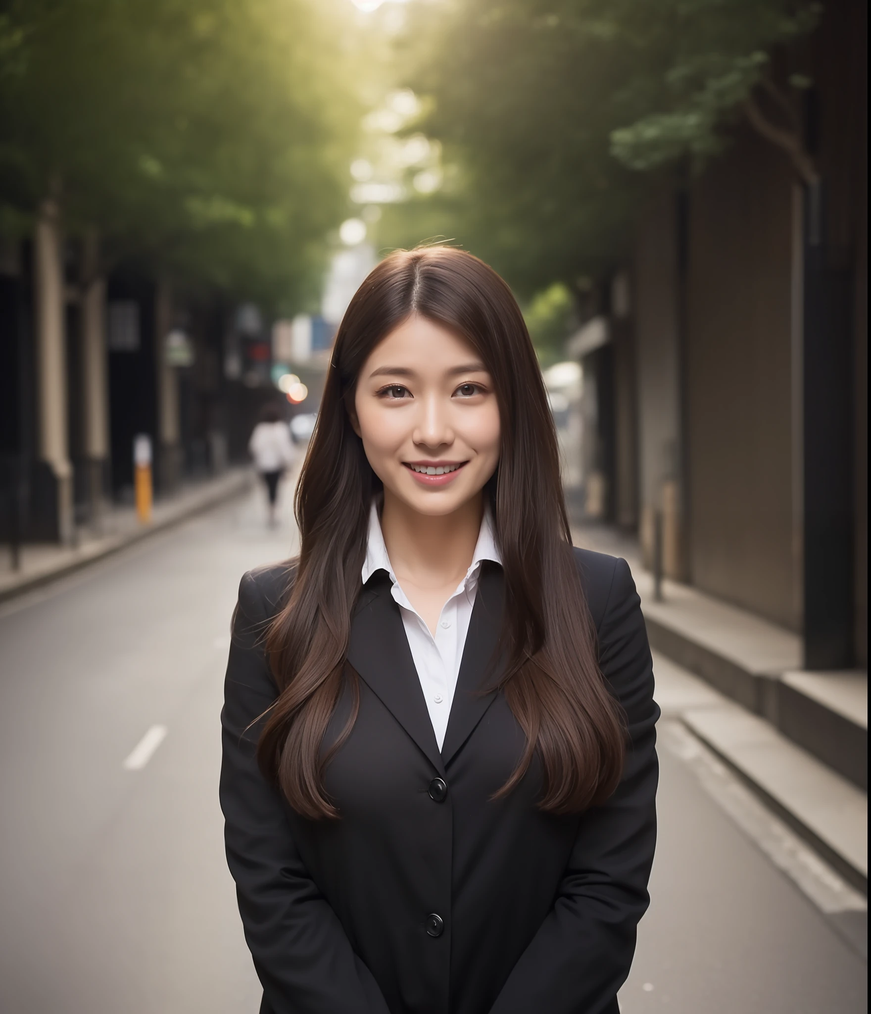 ((top-quality、8K、masterpiece:1.3))、foco nítido:1.2、Perfect Body Beauty:1.4、Slim abs:1.2、((dark brown long hair、Colossal tits:1.3))、(natural soft light、street corner:1.2)、Highly detailed facial and skin texture、A detailed eye、(二重まぶた)、(((dynamic ungle))),Streets of Tokyo、Silvery thin necklace、drooing eyes、Smiling