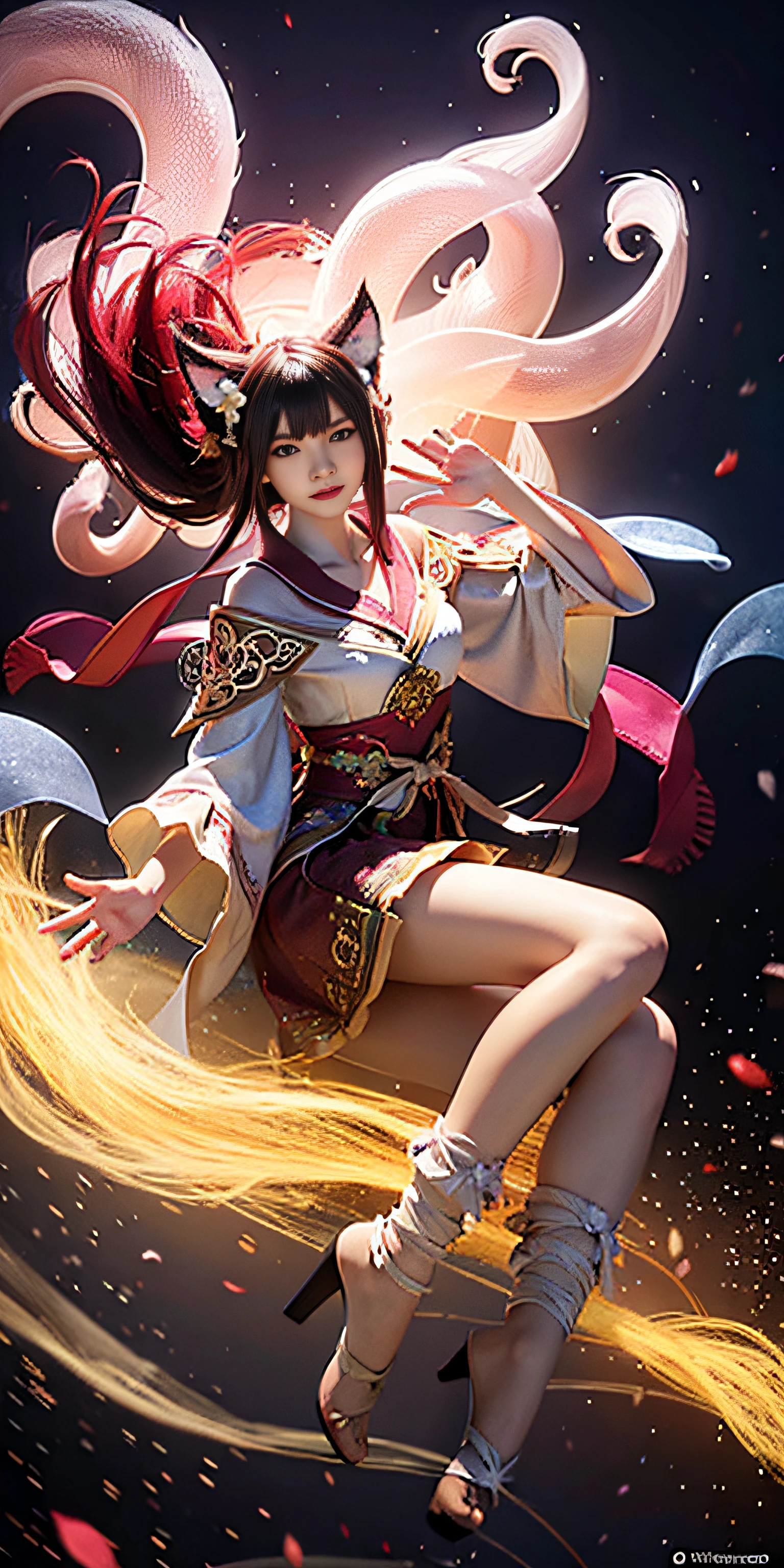 ahri, 1girl in, portlate, Solo, 9 tails, flower field, florals, (White smoke:1.3) (Photorealistic:1.4), Zentangle, mandalas, Entangle, Official art, Unity 8k壁纸, ultra-detailliert, Beautiful and aesthetic, masutepiece, Best Quality, (Dynamic Angle:1.4), Glowing skin, (floating colorful sparkles:1) Most Beautiful Form of Chaos, Elegant, a brutalist designed, vivd colour, Romanticism Depth of Field