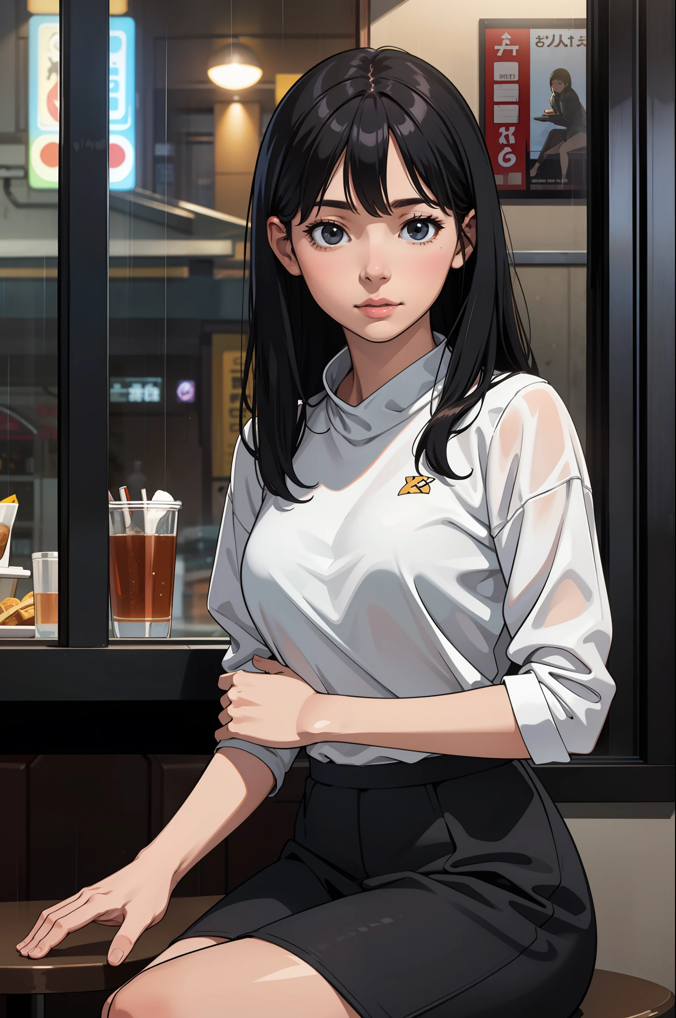 a picture、8K realistic RAW photos、ighly detailed、(top-quality:1.2)、
infp young woman、Large size trainer、
At the Diner、
Rainy night outside the window、
detailed skins、超A high resolution、