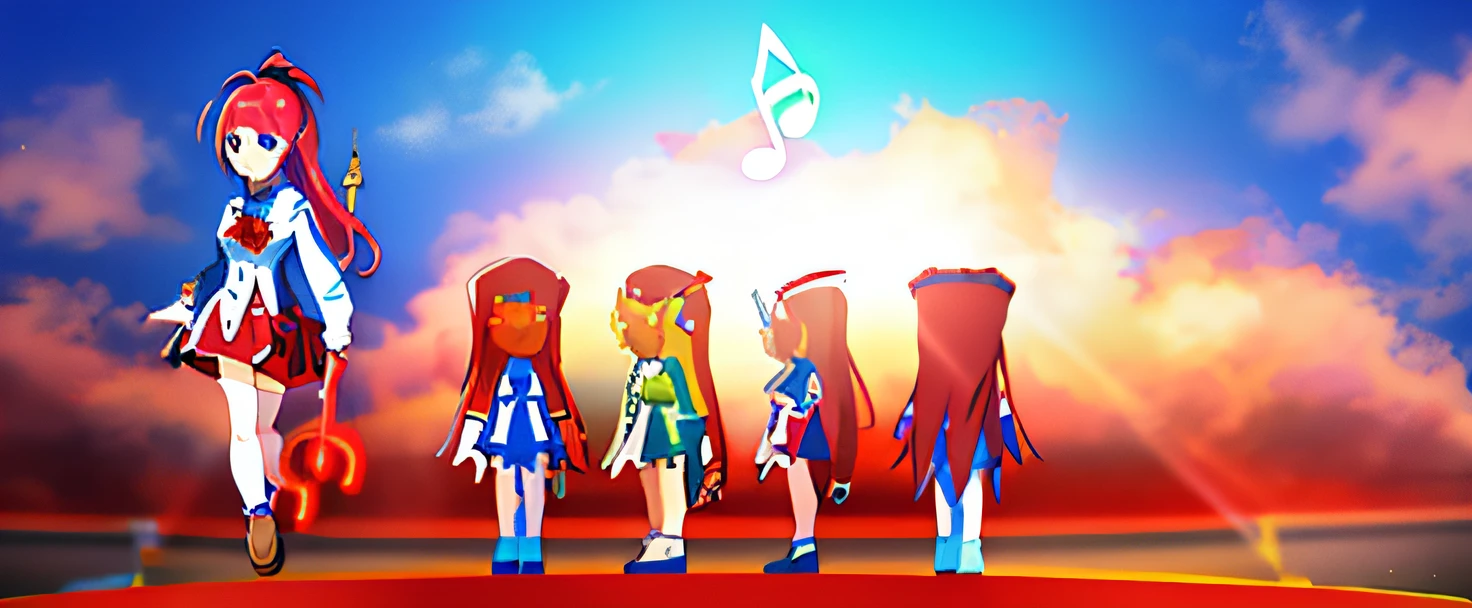 red blous，Blue goggles，White high ponytail，Red skirt，Game console in hand，There are musical notes all around