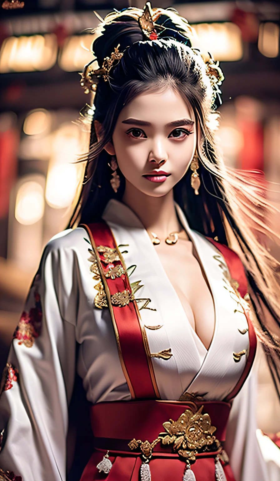top-quality、​masterpiece、hight resolution、Wuxi 1girl、(gold Chinese dress)、((Super beautiful face))、Super beautiful eyes、Super beautiful hair、(cleavage of the breast、exposed breast、Sexy cleavage、very highly detailed breasts)、