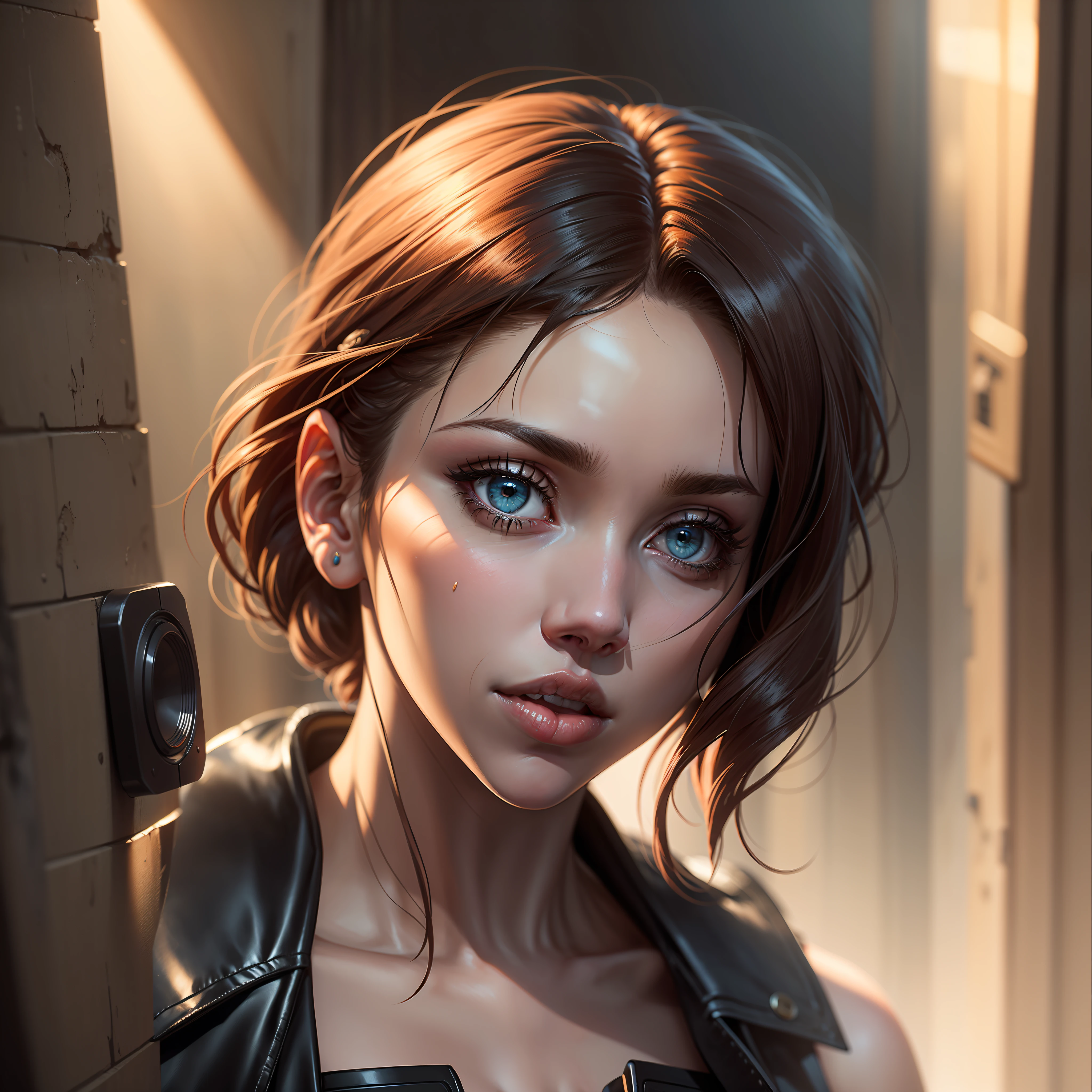 up close of scarlett johansson as jill valentine shooting | 8k, hyper realistic, hyper details, uhd, hdr