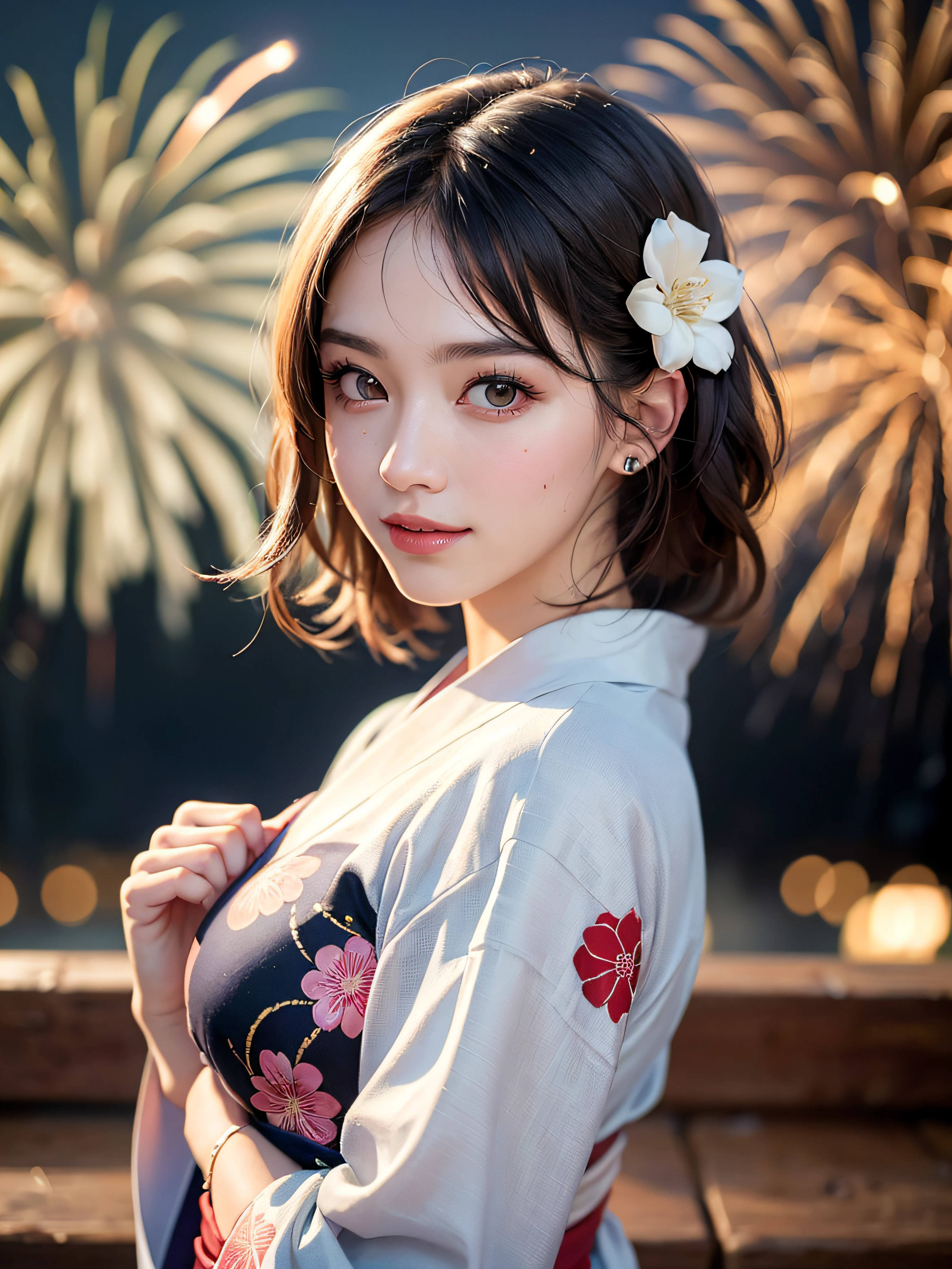 (realistic, photo-realistic:1.37), (masterpiece), (best quality:1.4), (ultra high res:1.2),(RAW photo:1.2), (sharp focus:1.3), (face focus:1.2), vibrant details, hyperrealistic, (elegant), (full body:1.37), (1Greek woman wearing detailed yukata:1.5), (23yo:1.1), (happy smile:1.35), (posing), (young hands:1.2), big breast, ( lipgloss, eyelashes, gloss-face, glossy skin, best quality, ultra highres, depth of field, chromatic aberration, caustics, Broad lighting, natural shading,Kpop idol) looking at viewer with a serene and goddess-like happiness,BREAK,
((Beautiful fireworks in the night sky background)), scenery, bangs, beautiful detailed eyes, makeup, looking at viewer, (cute), (soft lighting), finely detail,