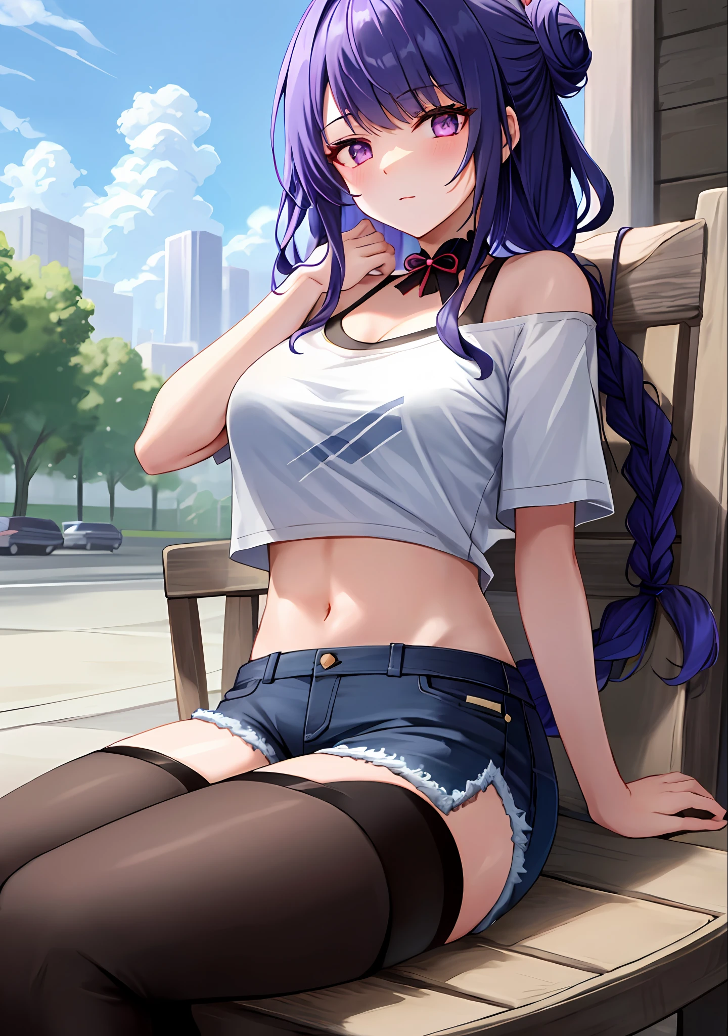 (masterpiece, best quality, ultra-detailed), Raiden shogun \(genshin impact\), (purple hair), cone hair bun, twin tails, long hair, swept bangs, braid, braided bangs, purple eyes, pink eyes,
(wearing a t-shirt:1.2), sitting on a chair outside of caf, embracing the natural beauty, sunlight, beautiful cloudy sky, city, street, denim shorts, black stocking,
medium breasts, thick thighs, critical angle, cowboy shot, arm behind head, arm behind back, armpit, stongue out, crop top, strong and seductive expressions,,