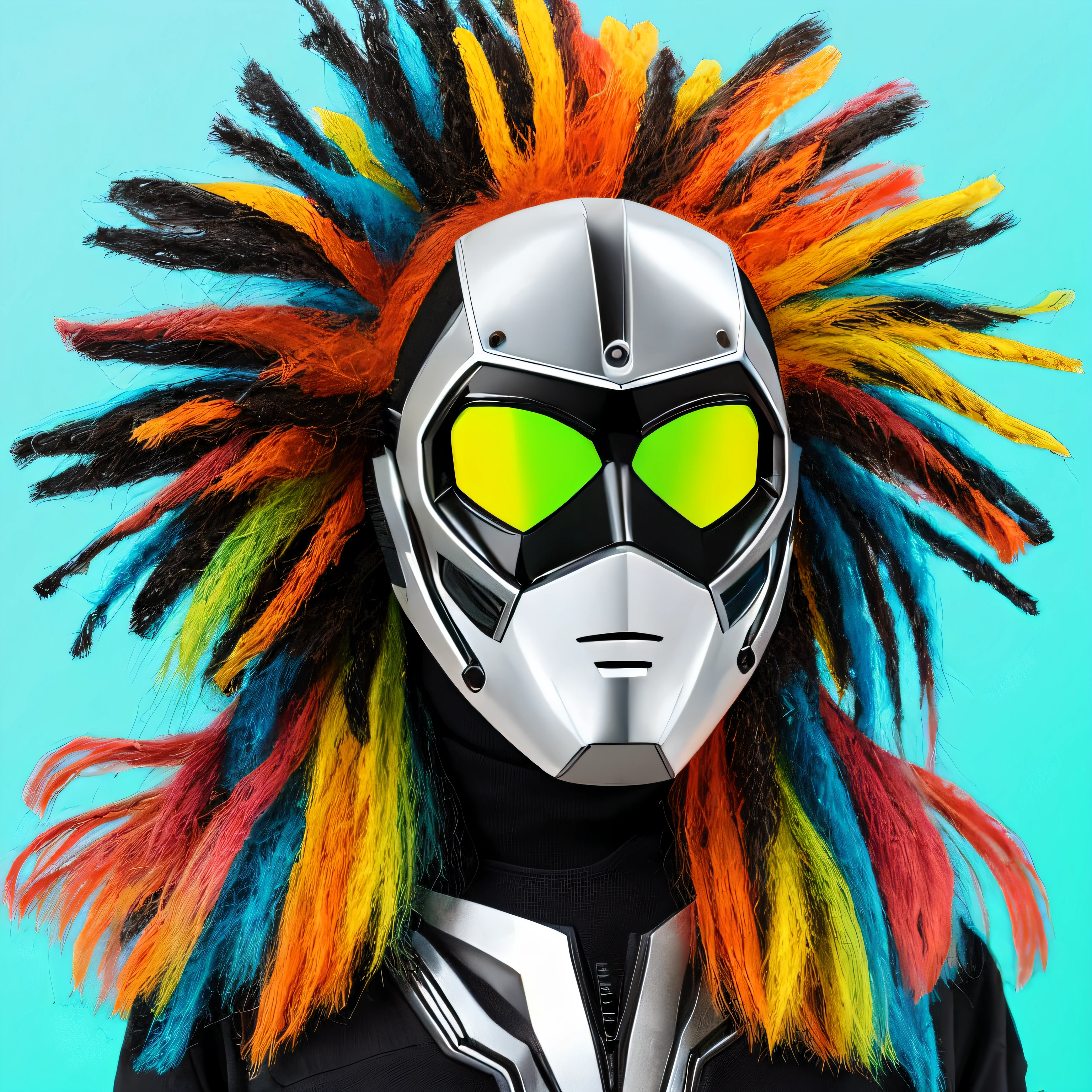 Create a super technological mask, futurista, Tribal, africana, super colorida e com muitos detalhes, fundo branco, 8k, melhor qualidade, imagem profissional, sem sombras, cores vivas