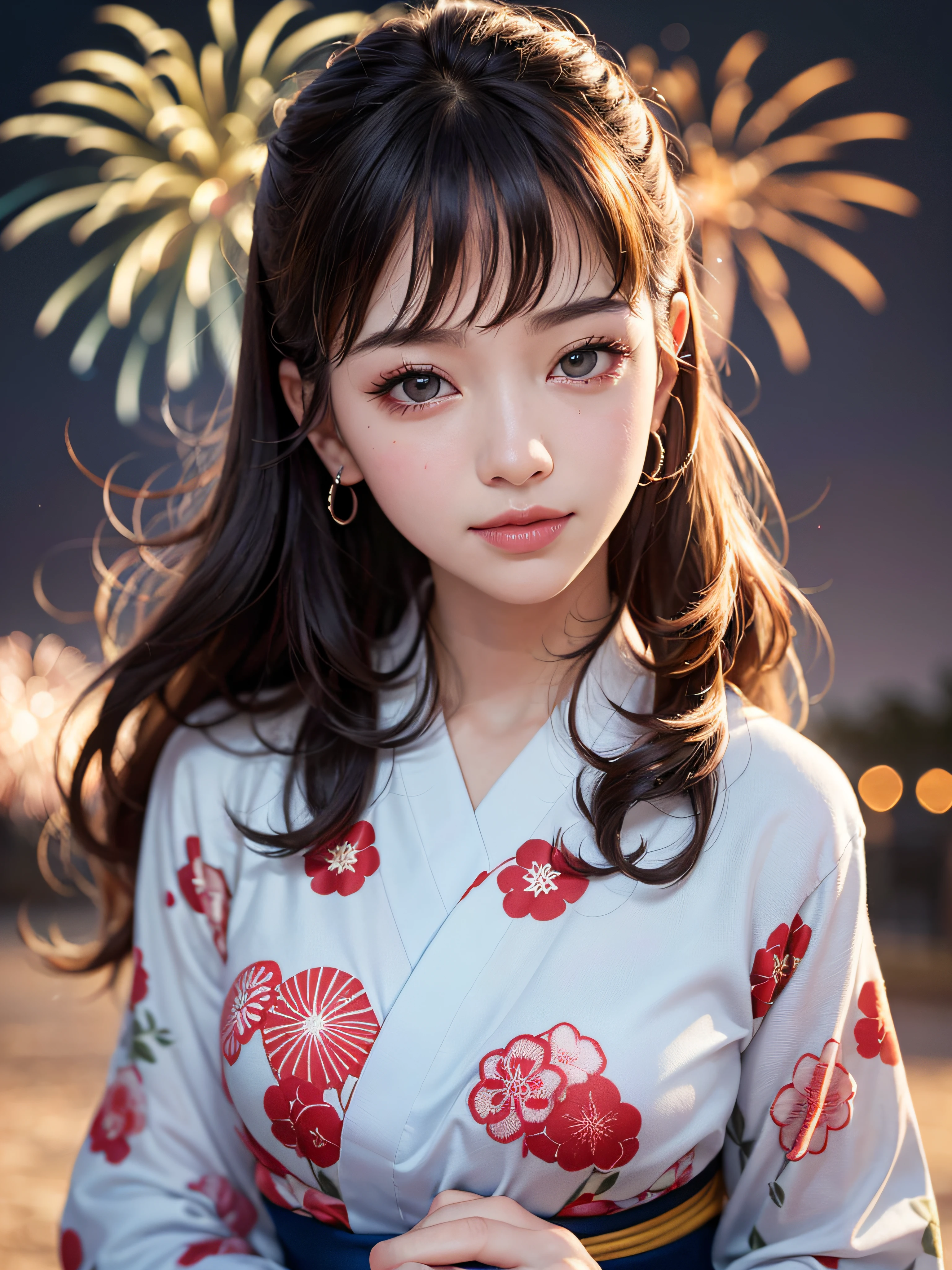 (realistic, photo-realistic:1.37), (masterpiece:1.2), (best quality:1.4), (ultra high res:1.2),(RAW photo:1.2), (sharp focus:1.3), (face focus:1.2), vibrant details, hyperrealistic, (full body:1.37), (1girl wearing detailed yukata:1.5), (23yo:1.1), (happy smile:1.35), (extremely detailed beautiful face and eyes:1.4), (extremely detailed beautiful hair:1.4),delicate composition,(posing), (young hands:1.2), medium breast, ( lipgloss, eyelashes, gloss-face, glossy skin, best quality, ultra highres, depth of field, chromatic aberration, caustics, Broad lighting, natural shading,Kpop idol:1.2) looking at viewer with a serene and goddess-like happiness,BREAK,
((Beautiful fireworks in the night sky background)), scenery, bangs, beautiful detailed eyes, makeup, looking at viewer, (cute), (soft lighting), finely detail,