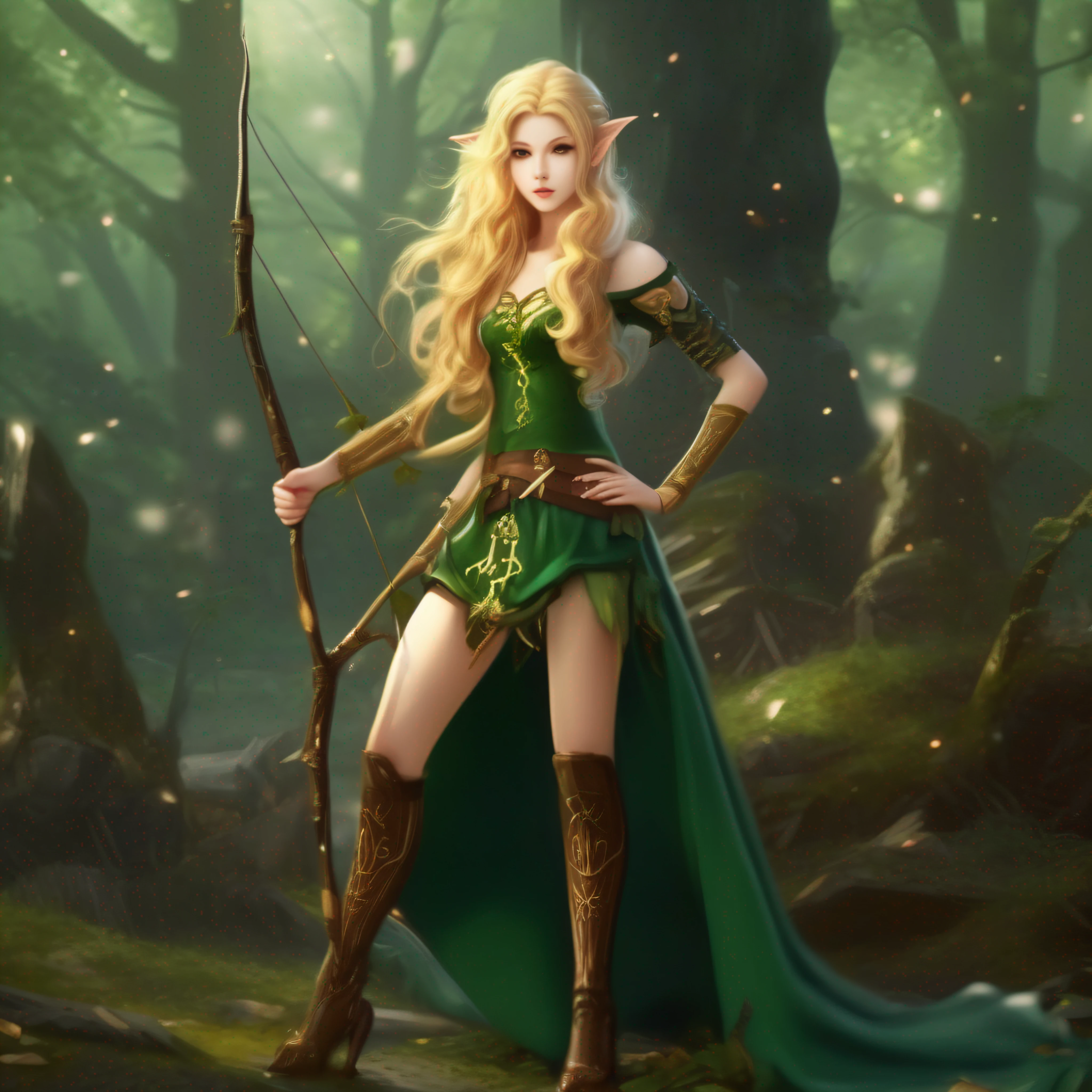 Stand up,Full body photo,The wood elves,archer,golden hair,Green eyes,Superskirt,stocklings,high-heels。