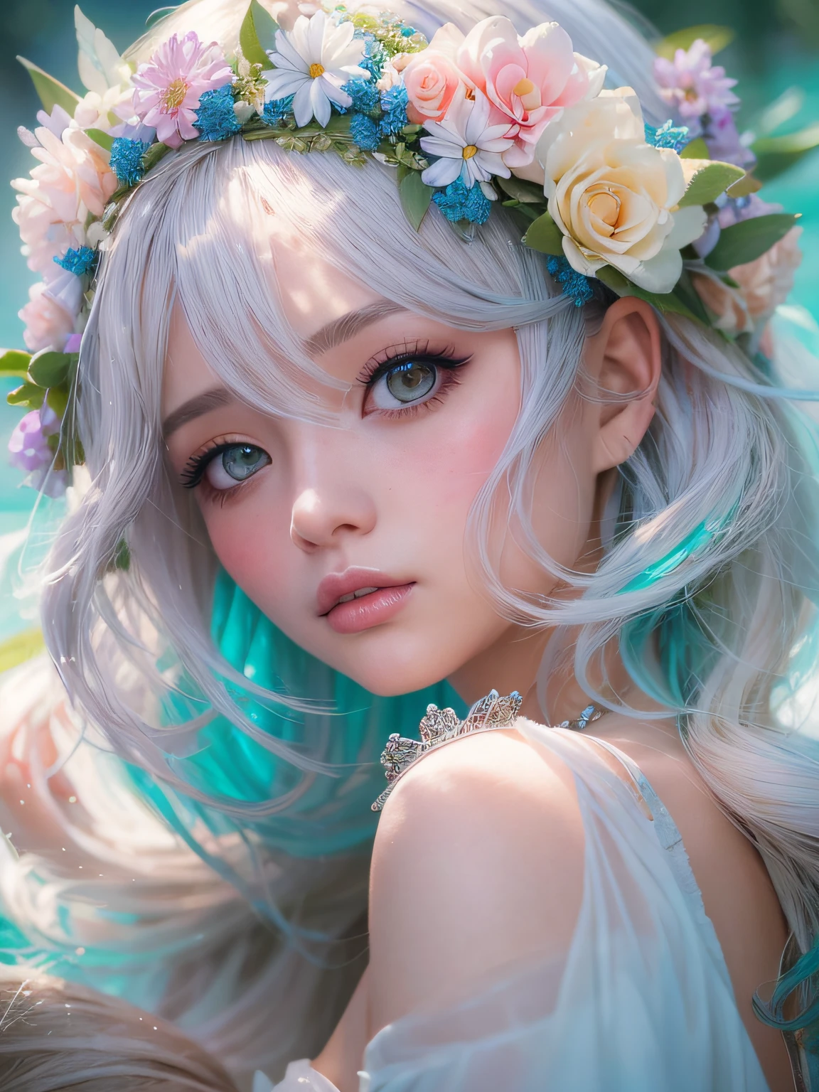 Close up portrait of woman with crown of flowers on head, 🌺 cgsociety, artwork in the style of guweiz, kawaii realistic portrait, ethereal beauty, deviantart artstation cgscosiety, guweiz on artstation pixiv, guweiz on pixiv artstation, guweiz, loish and wlop, Ethereal!!! A hyper-realistic
