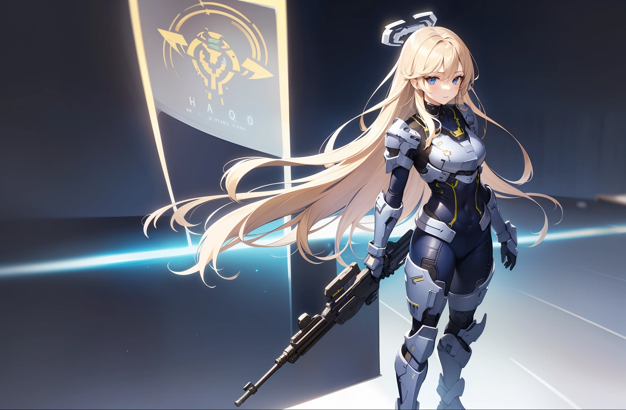 1 girl, solo, (masterpiece), best quality, detailed eyes, sparkling eyes, beautiful hands, shiny hair, blue eyes, light blonde hair, tall, long hair, straight hair, full body,1 girl, solo, , (((navy bluespartan armor from Halo))), standing, (highly detailed rifle),