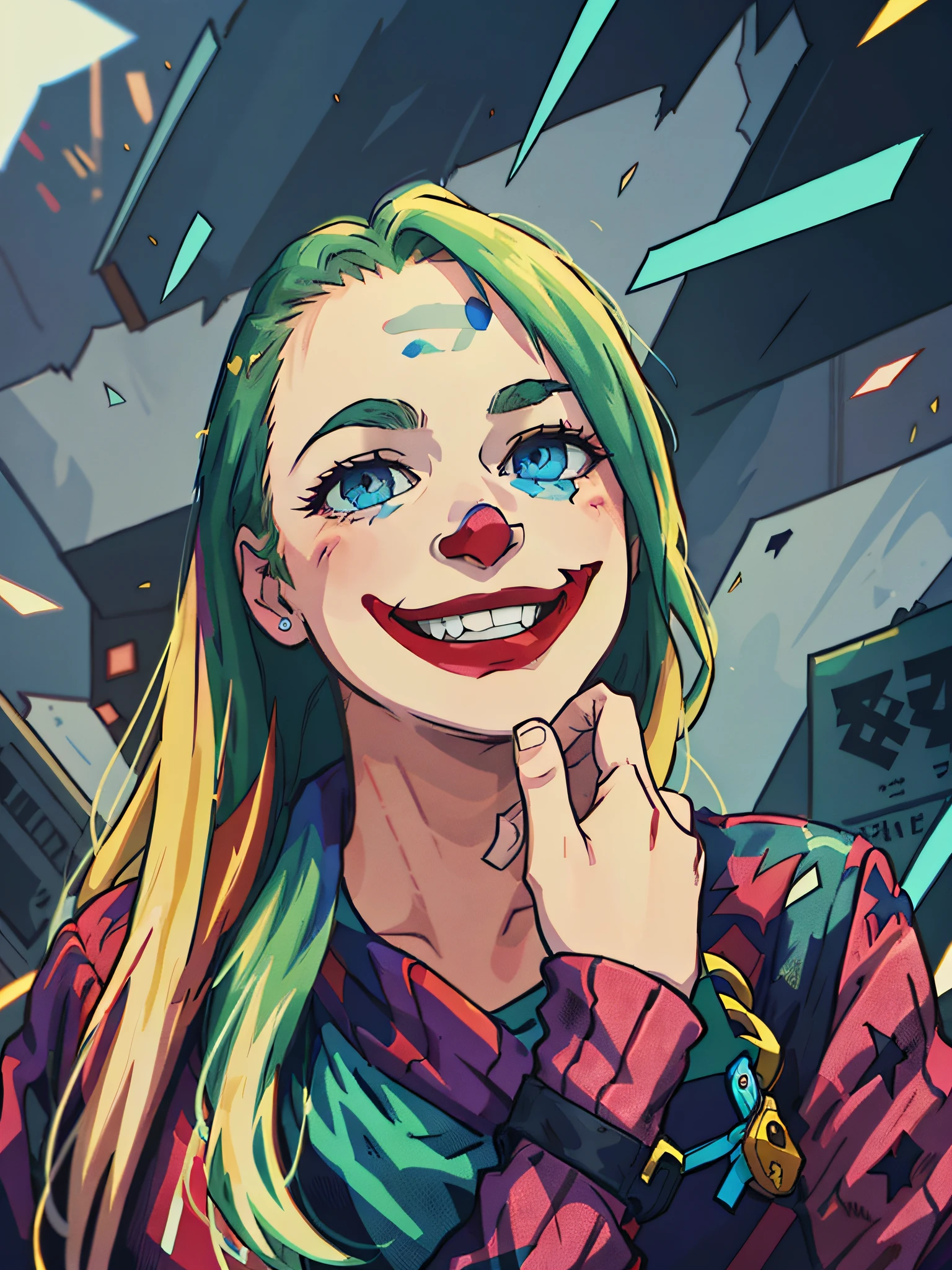 blonde woman with blue eyes and a black top posing for a picture,young,grin face,Movie lighting, hyper HD(best detail), ((vectorial)), (((Manhwa Style))), jocker\(Joker 2019\), Green hair, evilsmile, Epic, realisticlying, Faded, com cores neutras, (((hdr))))(best qualtiy),(jocker),back lit lighting, (vectorial)), ((Manhwa Style)),