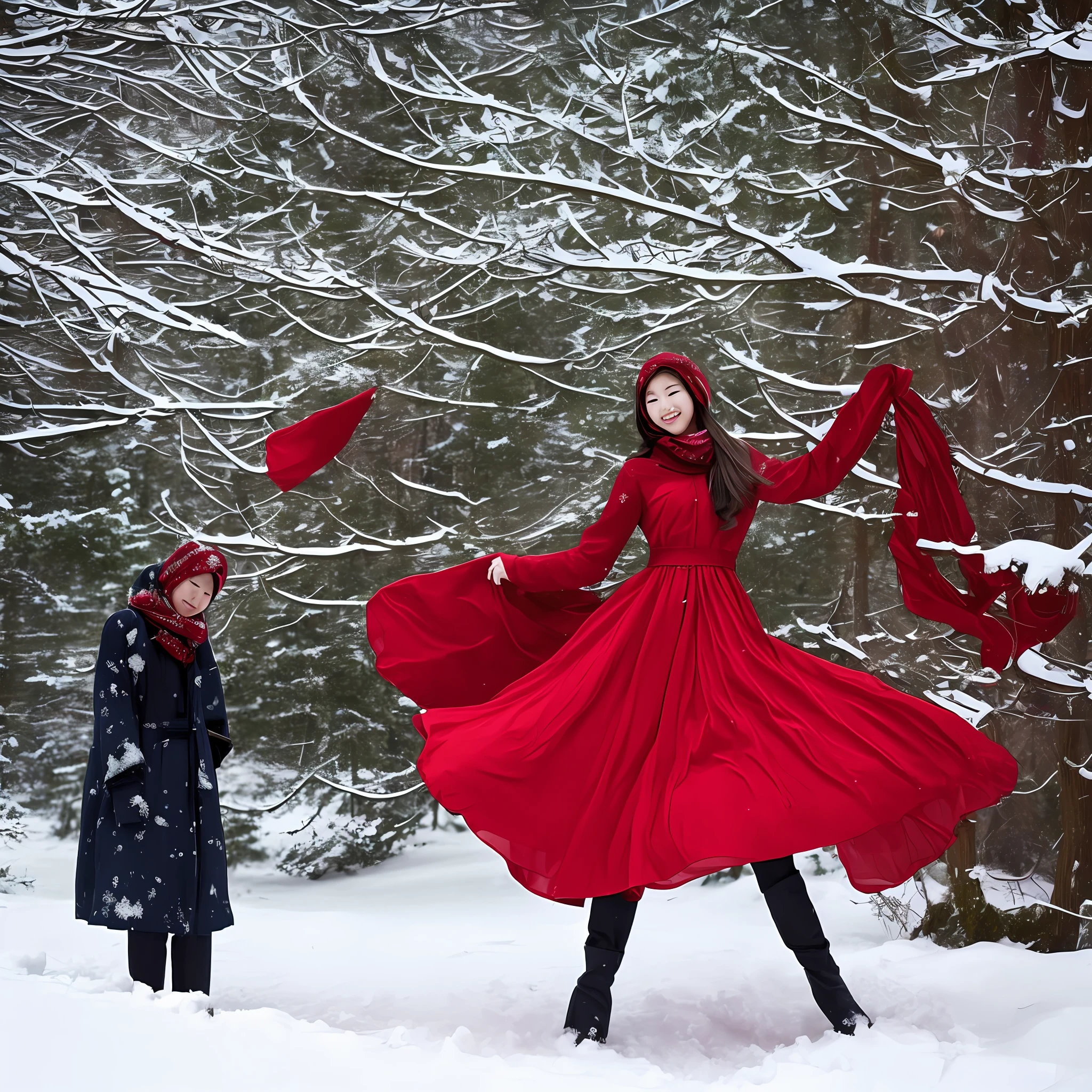 A 20-year-old woman in a red Han dress lies in the snow,Personal presentation --auto