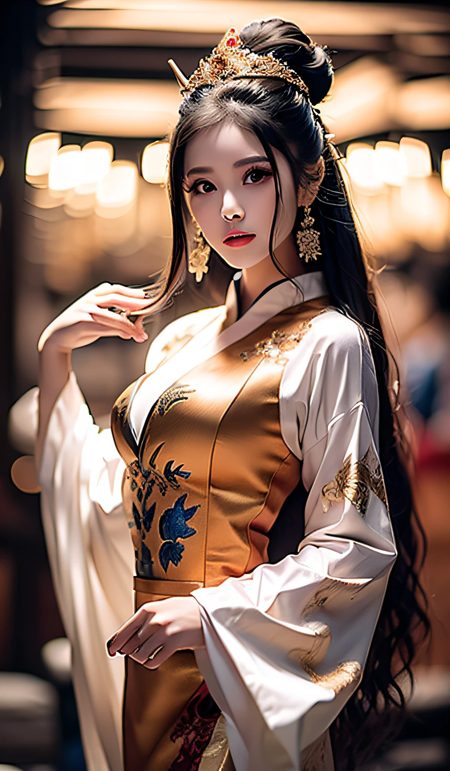 top-quality、masterpiece、hight resolution、Wuxi 1girl、(gold Chinese dress)、((Super beautiful face))、Super beautiful eyes、Super beautiful hair、(cleavage of the breast、exposed breast、Sexy cleavage、very highly detailed breasts)、