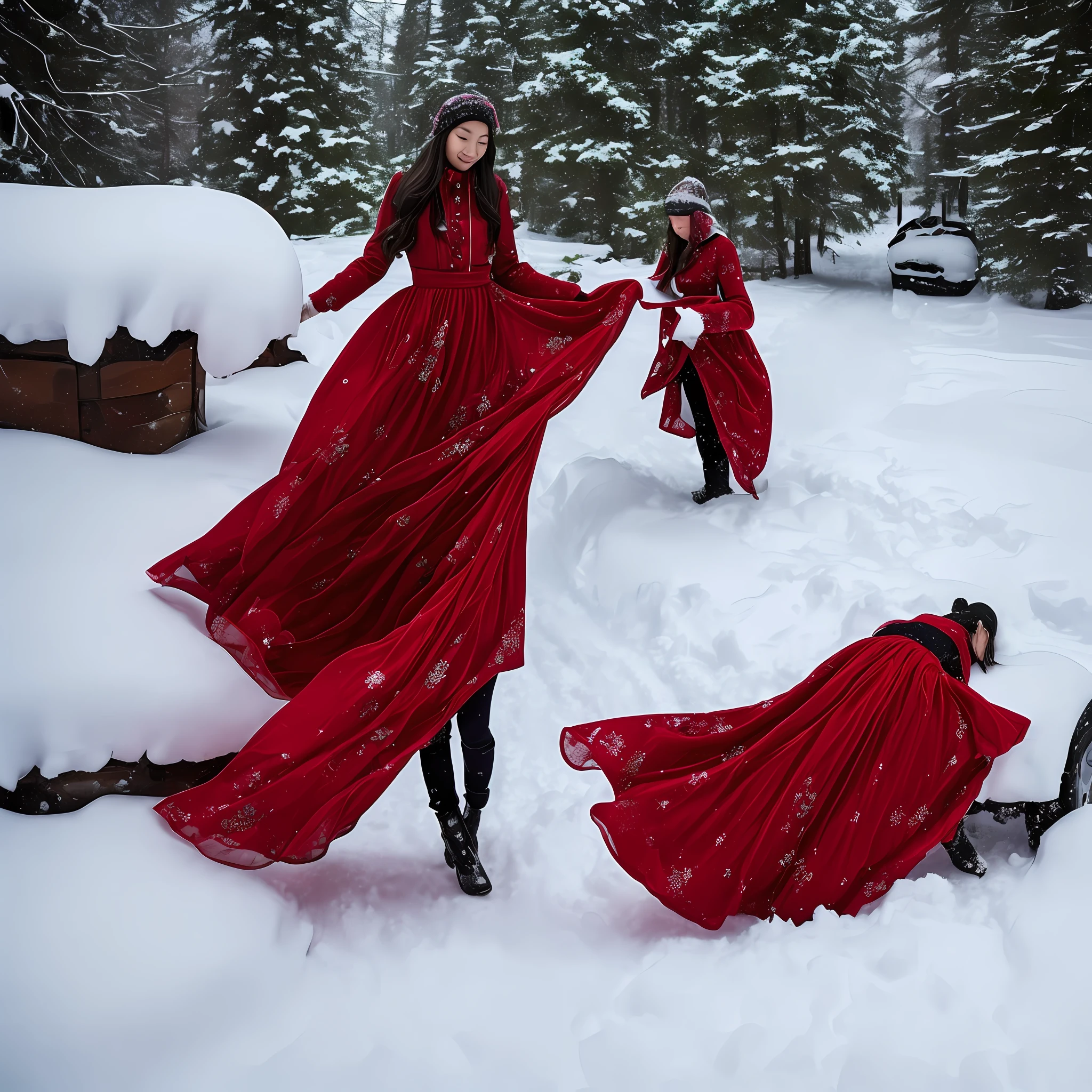 A 20-year-old woman in a red Han dress lies in the snow,Personal presentation --auto