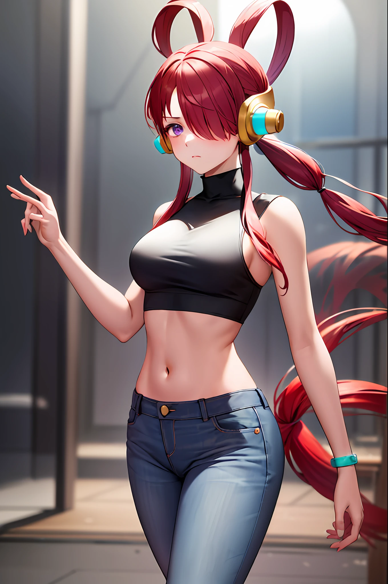 masterpiece, best quality, highres, 1girl, split-color hair, hair over one eye, red hair, multicolored hair, long hair, purple eyes, two-tone hair, hair rings, headphones, white hair, bangs, very long hair, medium breasts, crop top, turtleneck, jeans, standing, cowboy shot, frown