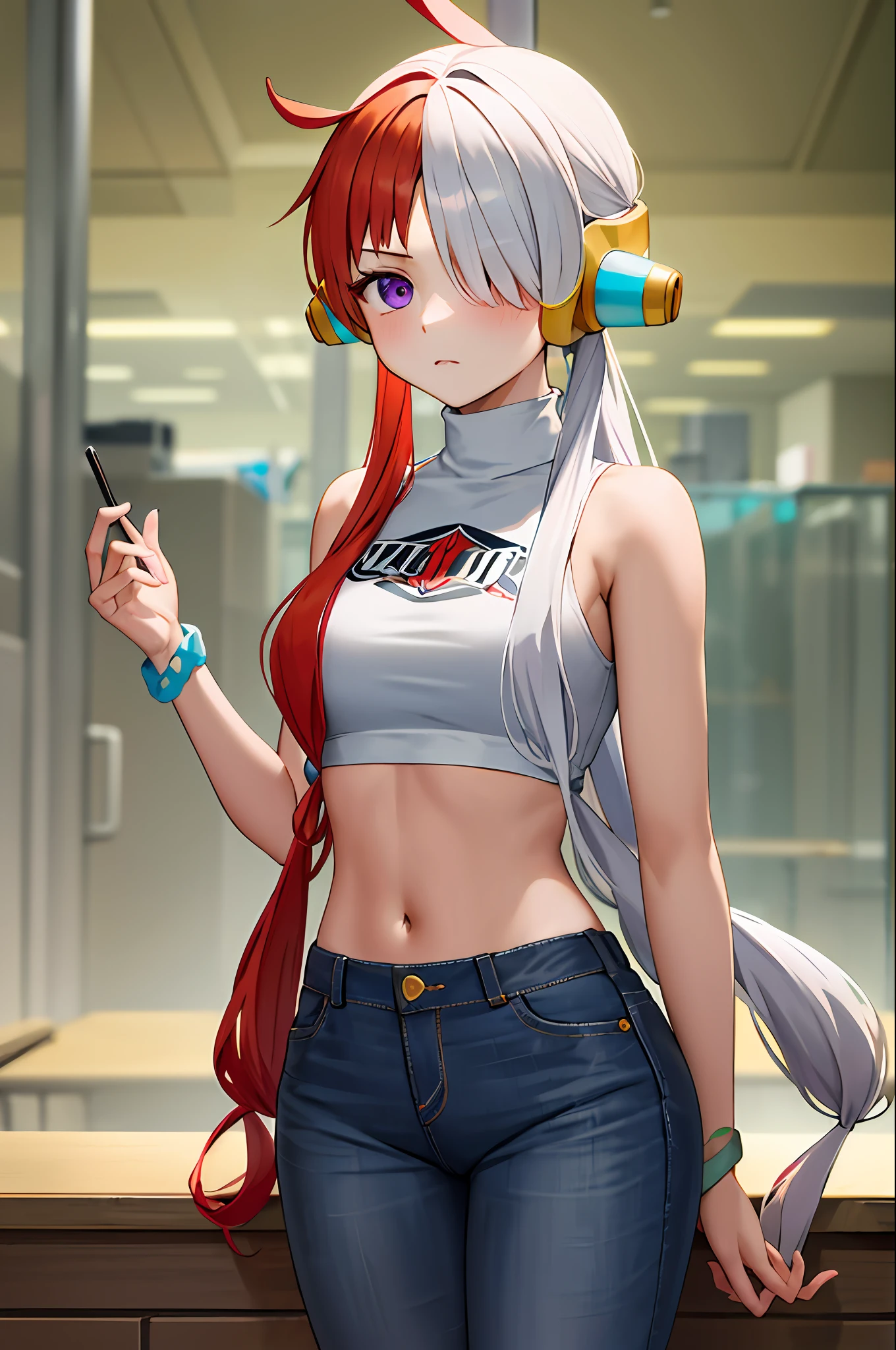 masterpiece, best quality, highres, 1girl, split-color hair, hair over one eye, red hair, multicolored hair, long hair, purple eyes, two-tone hair, hair rings, headphones, white hair, bangs, very long hair, medium breasts, crop top, turtleneck, jeans, standing, cowboy shot, frown