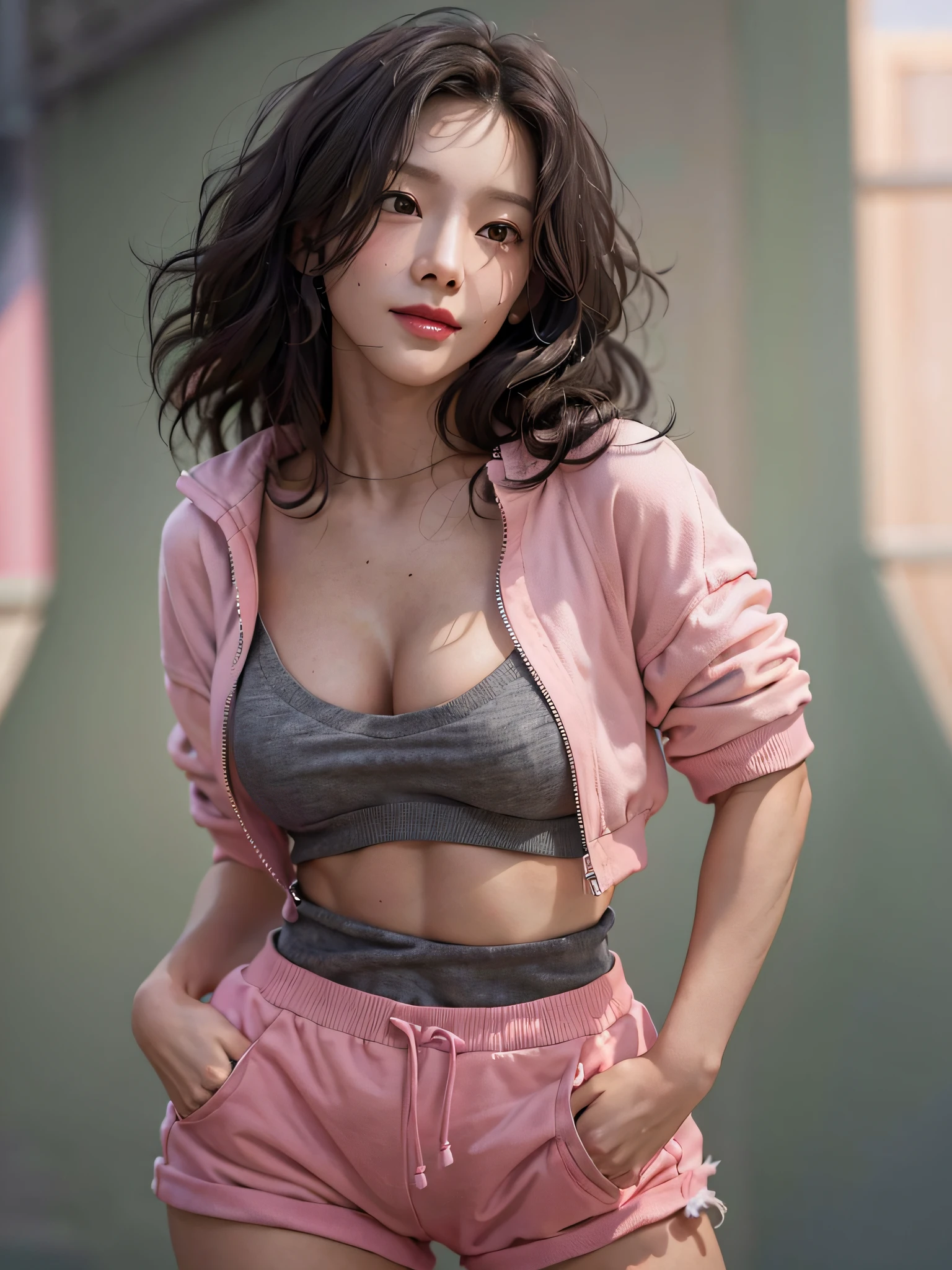 film photography, 1girl, Gray Track Top, pink shorts, cleavage, seductive smile, medium breast, full body, drunk blush:1.5, black wavy shoulder-length hair, serene, calm, (realistic detailed eyes, natural skin texture, realistic face details), soft dramatic lighting, depth of field, bokeh, vibrant details, finely detailed, hyperrealistic