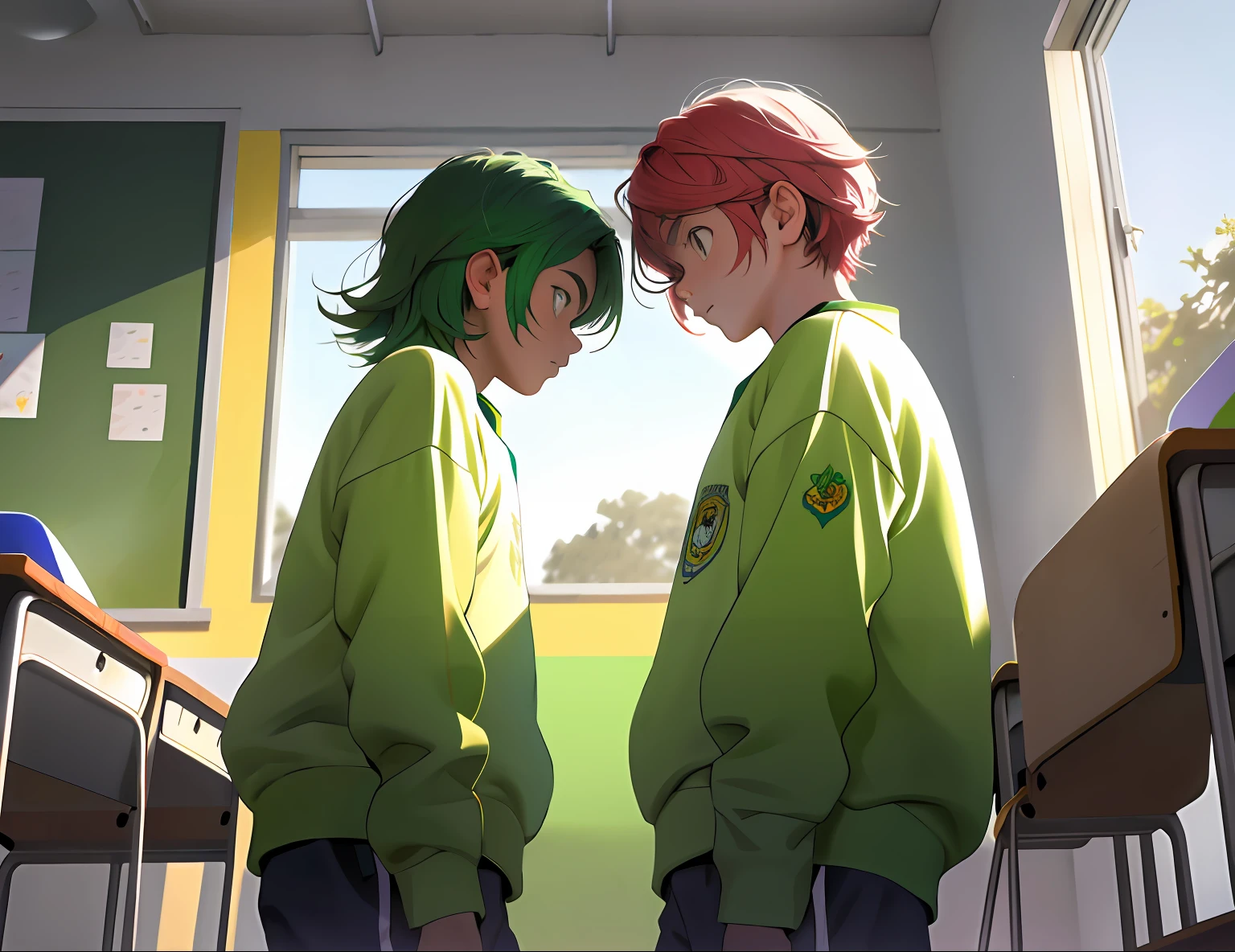 2boys ,cabello colore verde, Parlero, dentro, (obra maestra, La mejor calidad, absurdos ), escuela,Classroom, Ropa deportiva,looking at eachother , rubor claro,