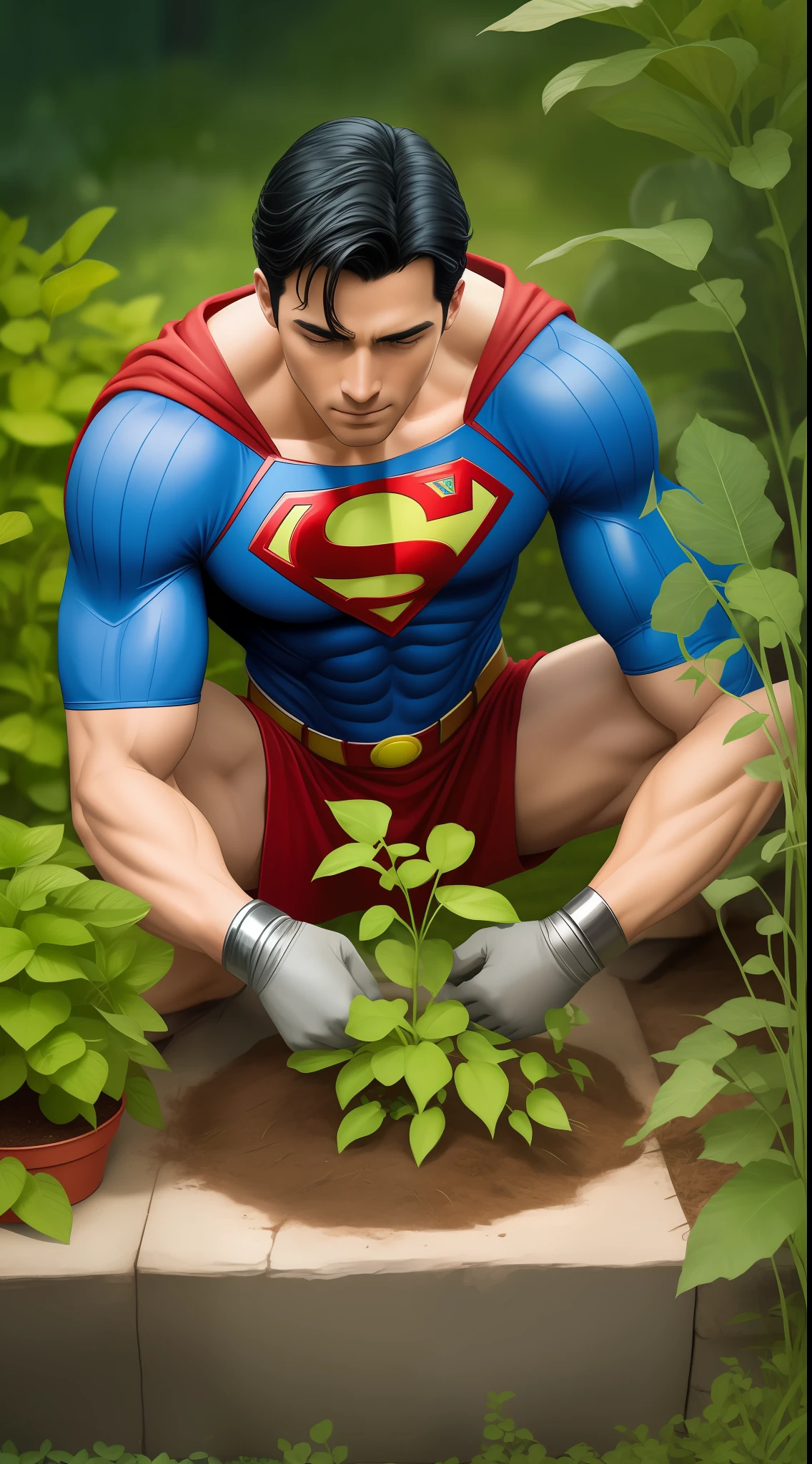 Subject: A serene and photorealistic portrayal of Superman engaged in gardening, revealing the nurturing and down-to-earth side of the Man of Steel.
Type of Image: Digital Illustration
Art Styles: Realism, Everyday Life, Gardening
Art Inspirations: ArtStation, DeviantArt, DC Comics, Garden Scenes
Camera: Professional DSLR camera with high-resolution capabilities
Shot: Medium shot
Render Related Information: Capturing the details of Superman's gardening tools and plants with realistic precision, utilizing natural lighting to create a calming and tranquil atmosphere, and portraying Superman's dedication to nurturing nature.
Camera Lens: Macro Lens