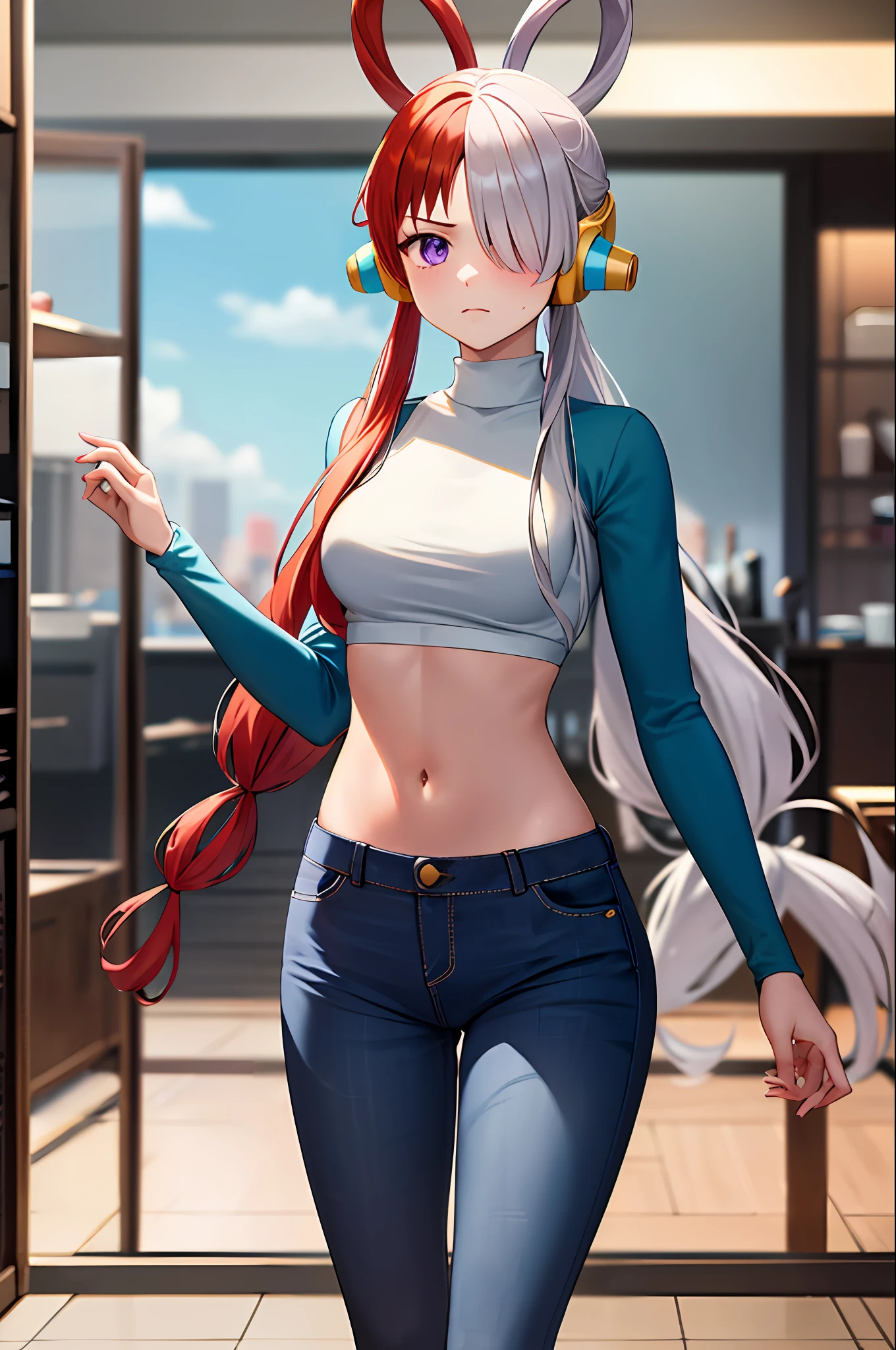 masterpiece, best quality, highres, 1girl, split-color hair, hair over one eye, red hair, multicolored hair, long hair, purple eyes, two-tone hair, hair rings, headphones, white hair, bangs, very long hair, medium breasts, crop top, turtleneck, jeans, standing, cowboy shot, frown
