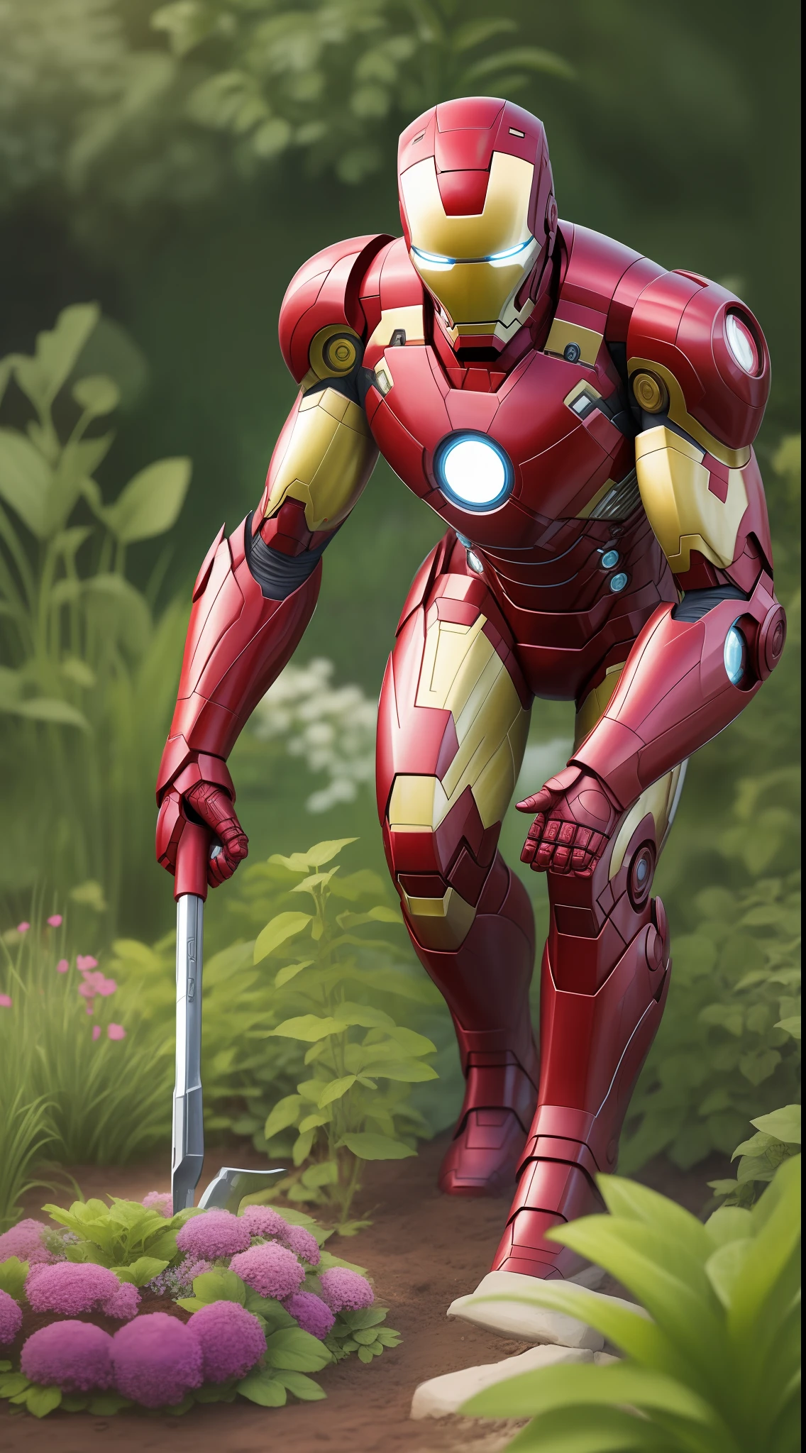 Subject: A serene and photorealistic portrayal of Iron Man engrossed in gardening, showcasing the juxtaposition of his high-tech persona and the down-to-earth activity of nurturing plants.
Type of Image: Digital Illustration
Art Styles: Realism, Everyday Life, Gardening
Art Inspirations: ArtStation, DeviantArt, Marvel Comics, Garden Scenes
Camera: Professional DSLR camera with high-resolution capabilities
Shot: Medium shot
Render Related Information: Capturing the details of Iron Man's gardening tools and plants with realistic precision, utilizing natural lighting to create a calming and tranquil atmosphere, and portraying the human side of Tony Stark as he tends to his garden.

Camera Lens: Macro Lens