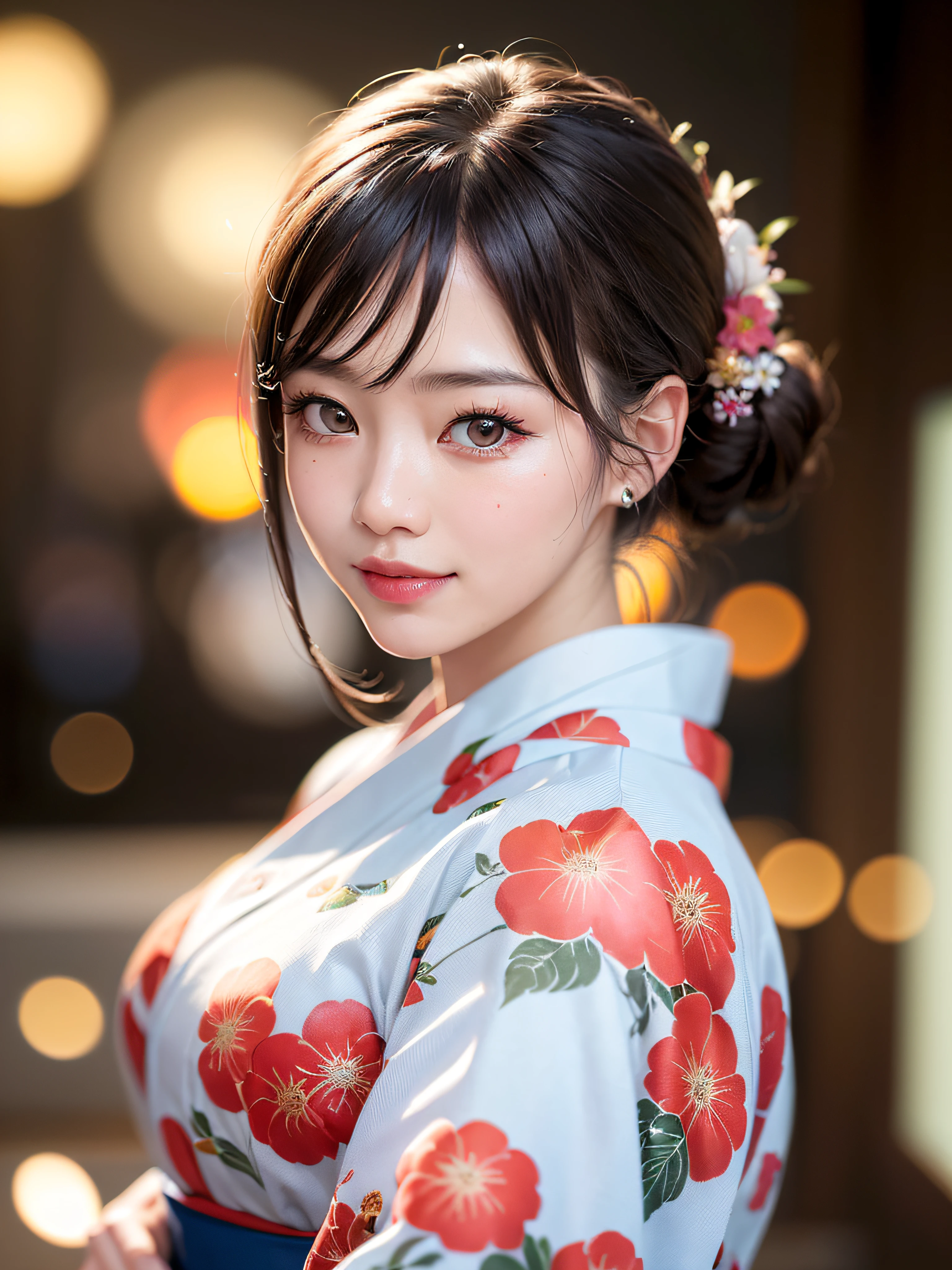 (realistic, photo-realistic:1.37), (masterpiece:1.2), (best quality:1.4), (ultra high res:1.2),(RAW photo:1.2), (sharp focus:1.3), (face focus:1.2), vibrant details, hyperrealistic, (full body:1.37), (1 japanese girl wearing detailed yukata:1.5), (23yo:1.1), (happy smile:1.35), (extremely detailed beautiful face and eyes:1.4), (extremely detailed beautiful hair:1.4),delicate composition,(posing), (young hands:1.2), medium breast, flower hair ornament,Updo hair,( lipgloss, eyelashes, gloss-face, glossy skin, best quality, ultra highres, depth of field, chromatic aberration, caustics, Broad lighting, natural shading,Kpop idol:1.2) looking at viewer with a serene and goddess-like happiness,BREAK,
((Beautiful fireworks in the night sky background)), scenery, bangs, beautiful detailed eyes, makeup, looking at viewer, (cute), (soft lighting), finely detail,