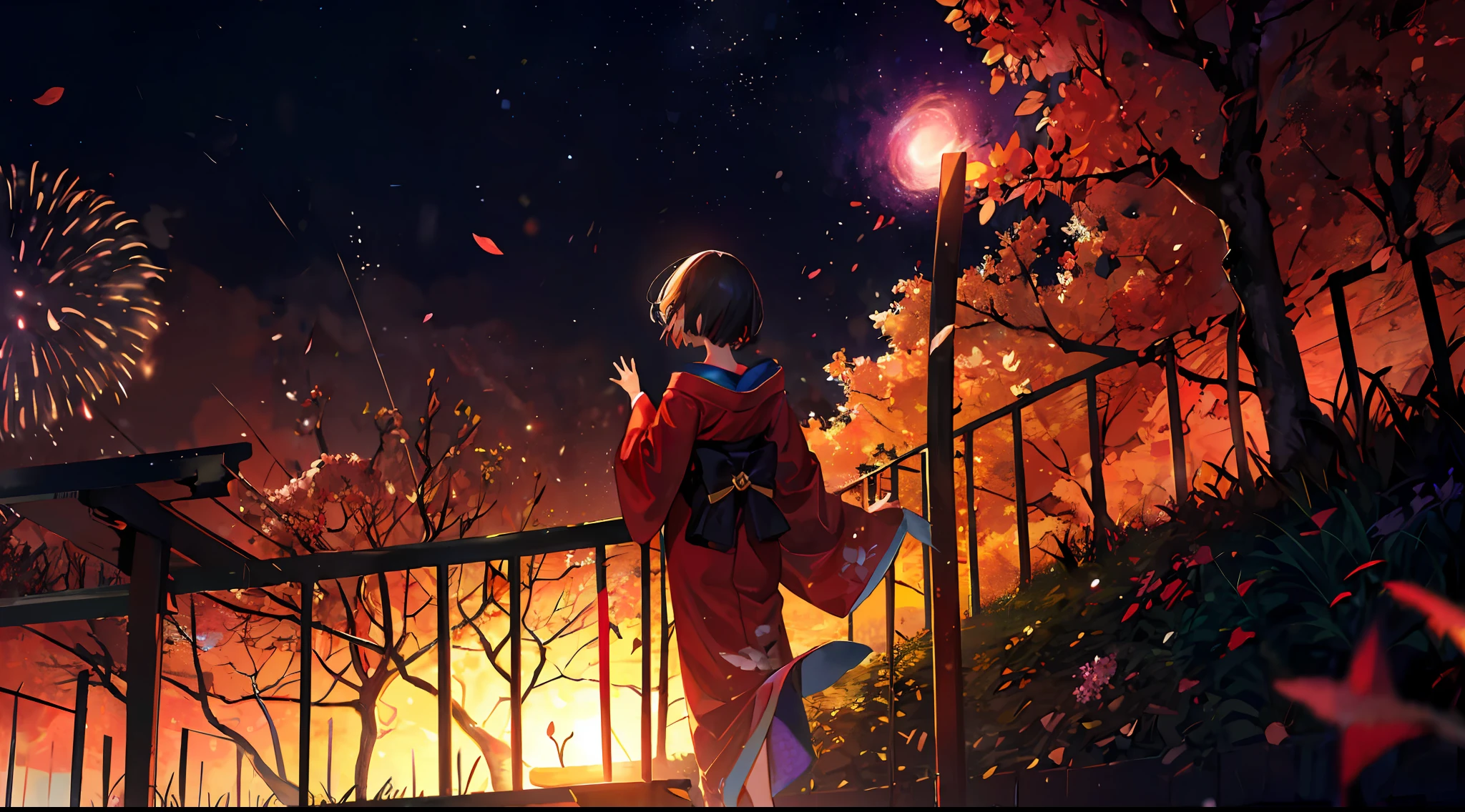 1 persons、Distant girl in kimono stares at fireworks(zoomed out:1.urname、low angles、from the rear、bath robe、Red kimono、cherry trees、Highest quality standing in the field、masterpiece、clouds、colourfull、3 fireworks