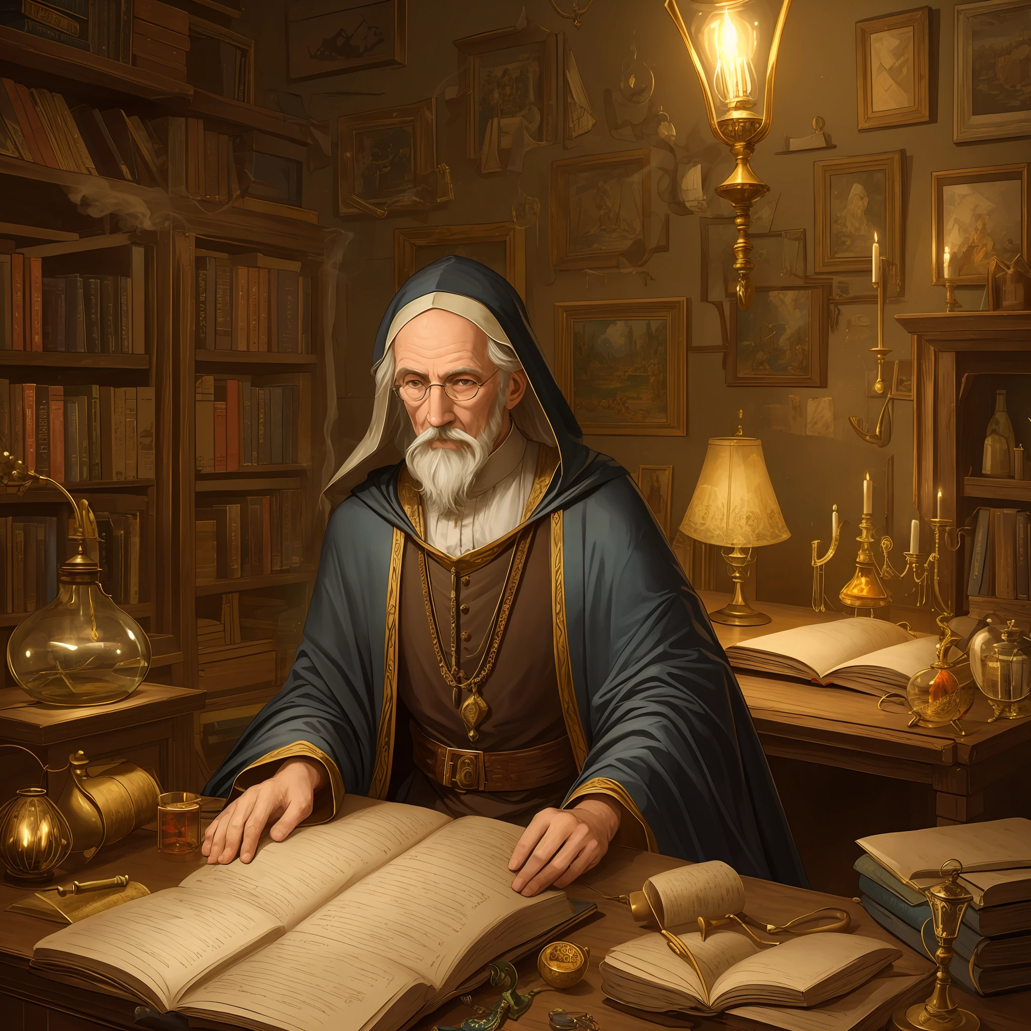 very old wizard, alchemy, looking at book, old medieval painting, smoke, lots of detail, cluttered room, lamp, dark room, detailed tunic, glowing pendant,