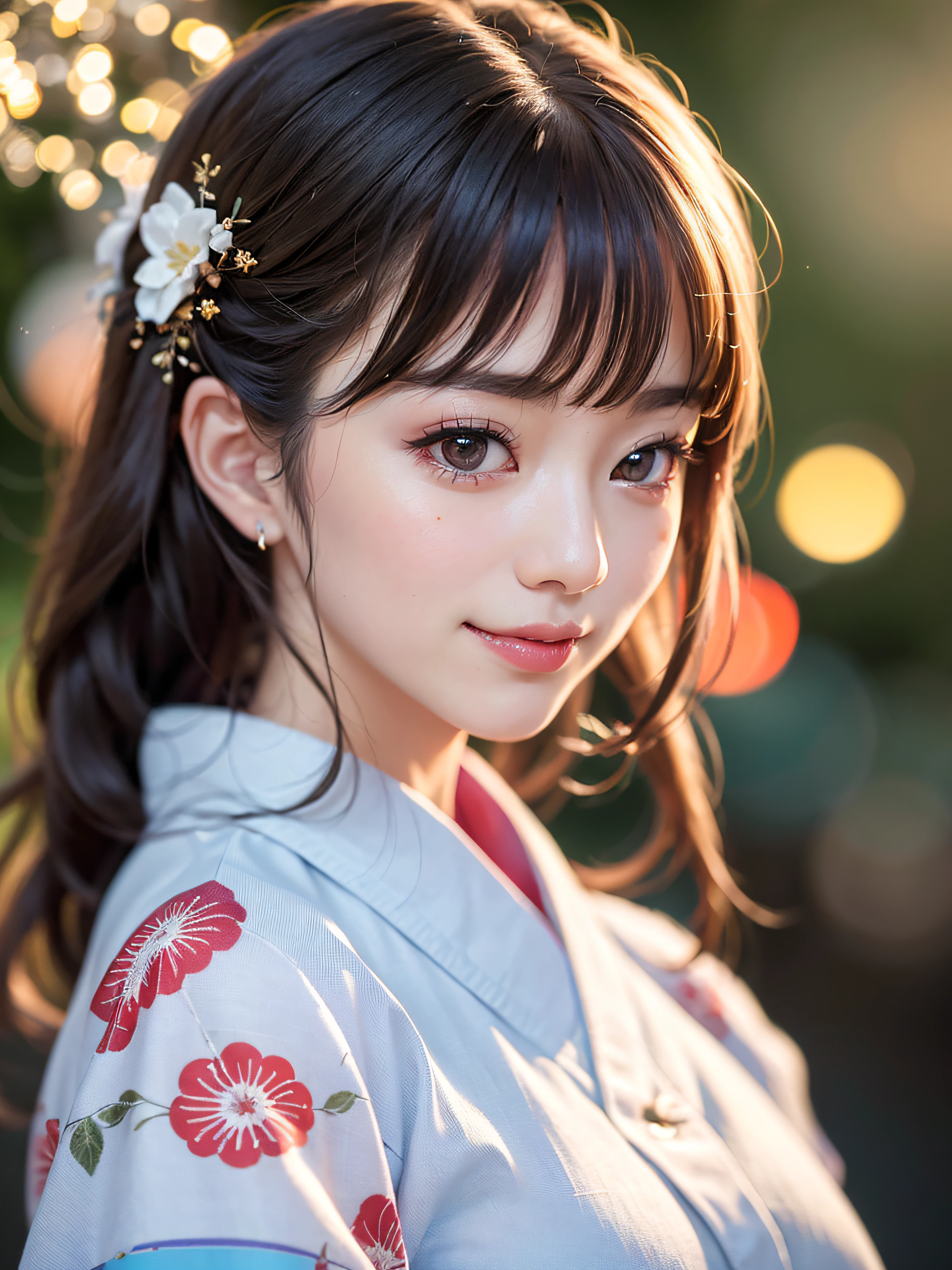 (realistic, photo-realistic:1.37), (masterpiece:1.2), (best quality:1.4), (ultra high res:1.2),(RAW photo:1.2), (sharp focus:1.3), (face focus:1.2), vibrant details, hyperrealistic, (full body:1.37), (1 japanese girl wearing detailed yukata:1.5), (23yo:1.1), (happy smile:1.35), (extremely detailed beautiful face and eyes:1.4), (extremely detailed beautiful hair:1.4),delicate composition,(posing), (young hands:1.2), medium breast, flower hair ornament,Updo hair,( lipgloss, eyelashes, gloss-face, glossy skin, best quality, ultra highres, depth of field, chromatic aberration, caustics, Broad lighting, natural shading,Kpop idol:1.2) looking at viewer with a serene and goddess-like happiness,BREAK,
((Beautiful fireworks in the night sky background)), scenery, bangs, beautiful detailed eyes, makeup, looking at viewer, (cute), (soft lighting), finely detail,