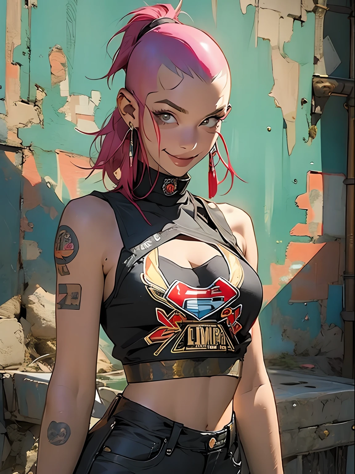 corpo inteiro, master part, best quality, super detalhe, 8k, mulher linda, Tank Girl com cara de maluca, sorriso malicioso , cabelo moicano colorido, garota punk, post-apocalyptic world, (( ****** do tanque )), Nijistyle, roupas rasgadas e sujas, moicano curto, sides of shaved head, rosto limpo