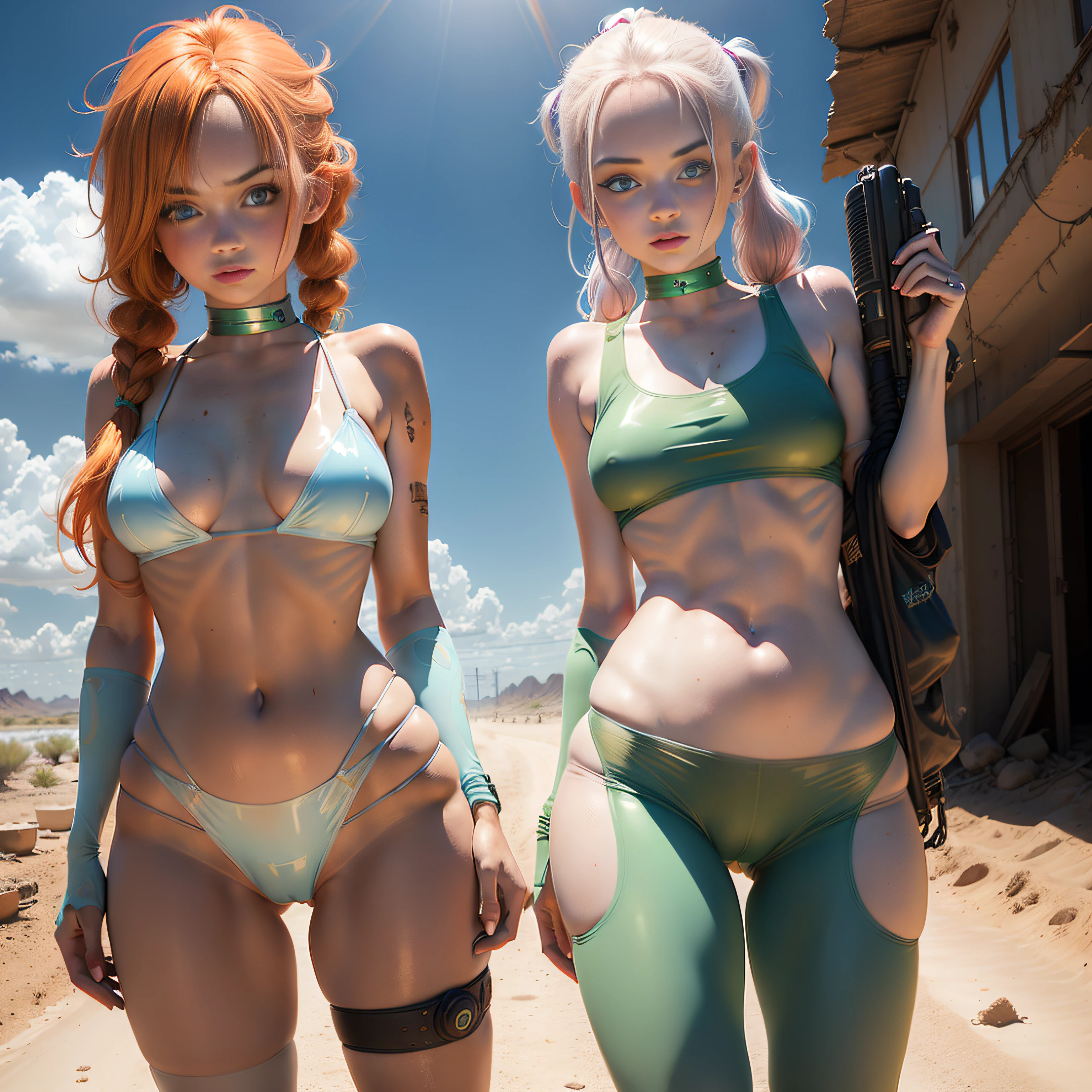 cute redhead woman in twin tails, multiple rainbow colored hair, ((beautiful sky-blue eyes)), happy, Ukrainian, petite, (pale skin), wearing a ((translucent)) (dirty) green metallic color bikini, (camel toe), (dirty bikini top), (translucent 20 denier pantyhose on legs), post apocalyptic background, bleak barren desert, photo realistic woman.