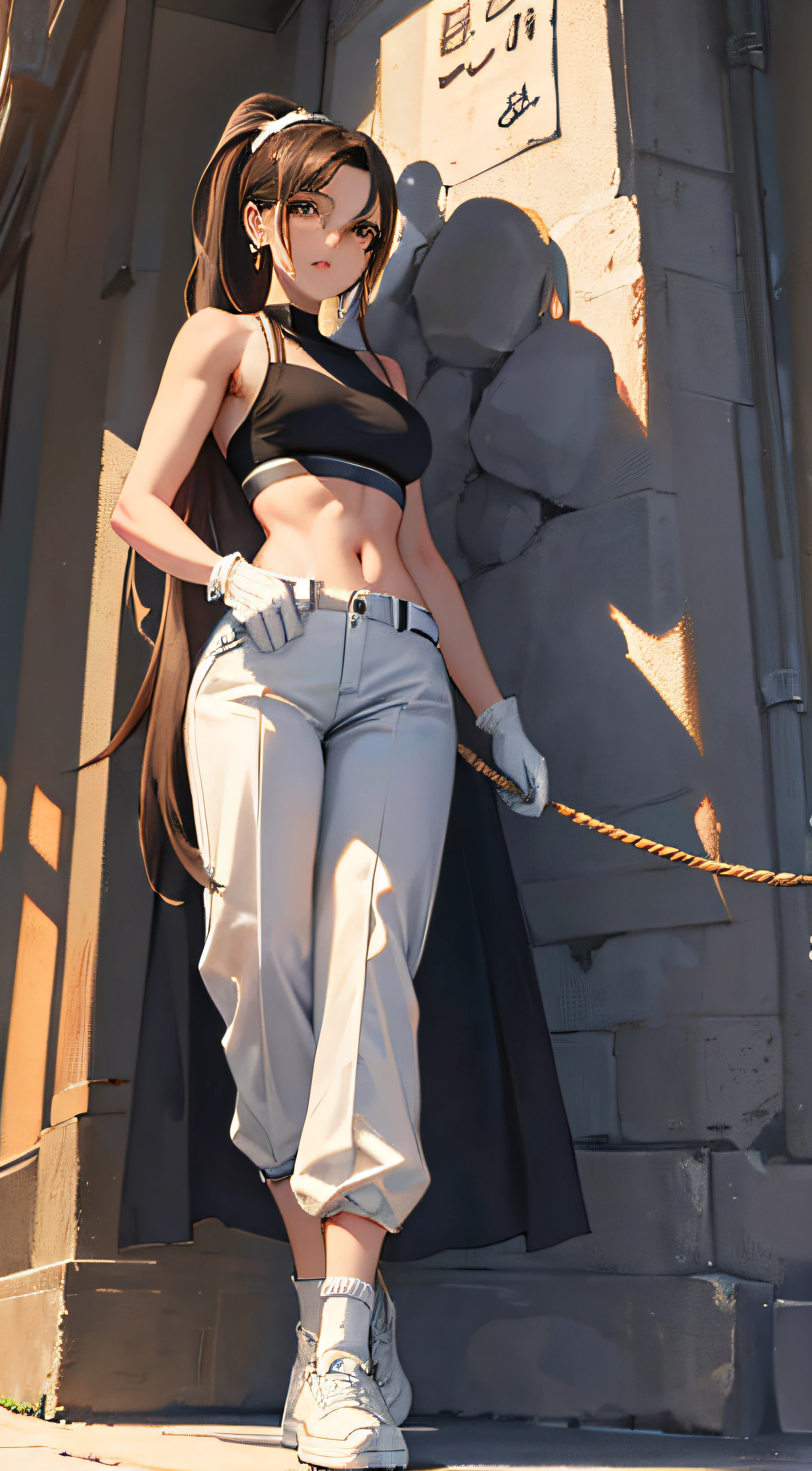 (masterpiece, top quality, best quality, official art, beautiful and aesthetic:1.2), (1girl:1.3), (fractal art:1.3), girl,full body,solo, gloves, headband, pants, ponytail,pants,black gloves, large breasts, long hair, sports bra, earrings, brown hair, midriff, jewelry, white socks,white footwear, rope, navel,white socks,toned, looking at viewer,standing,from below,..