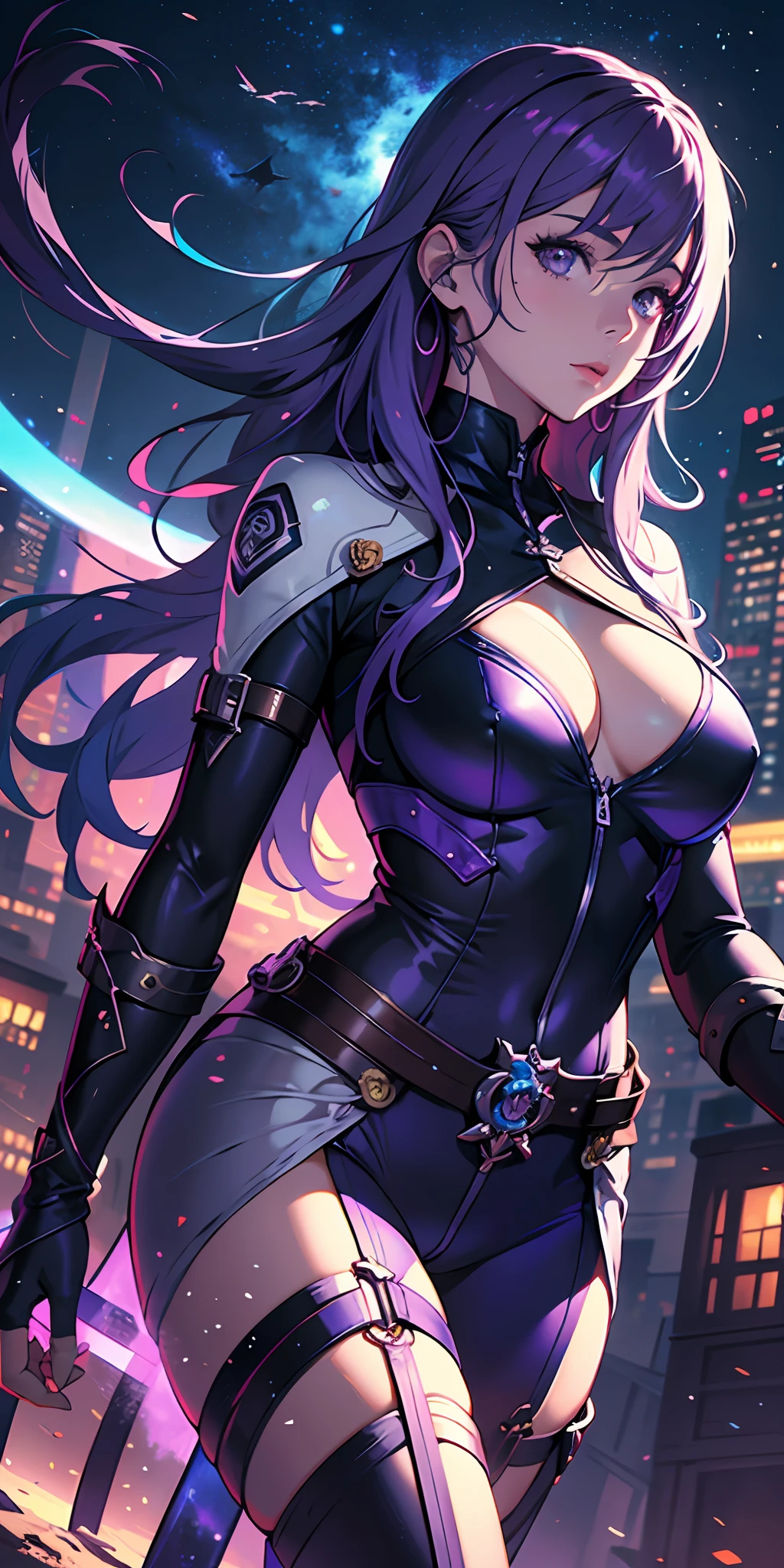 1girll,Gorgeous Hair in Long Purple,Purple jumpsuit,Tattooed with,There is a red cord around the waist,purple boots,Thigh leg rings,Left-handed katana,The right hand releases a purple energy glow,Hands full breasts, Convex buttocks, city ruins,holy rays,A desert,Detailed background, Clothing details, perfectly proportioned, filmgrain, Fuji colors, lightand shade contrast, tmasterpiece, high detal, high qulity, A high resolution, Cinematic lighting, 8K, Textured skin, Super detail