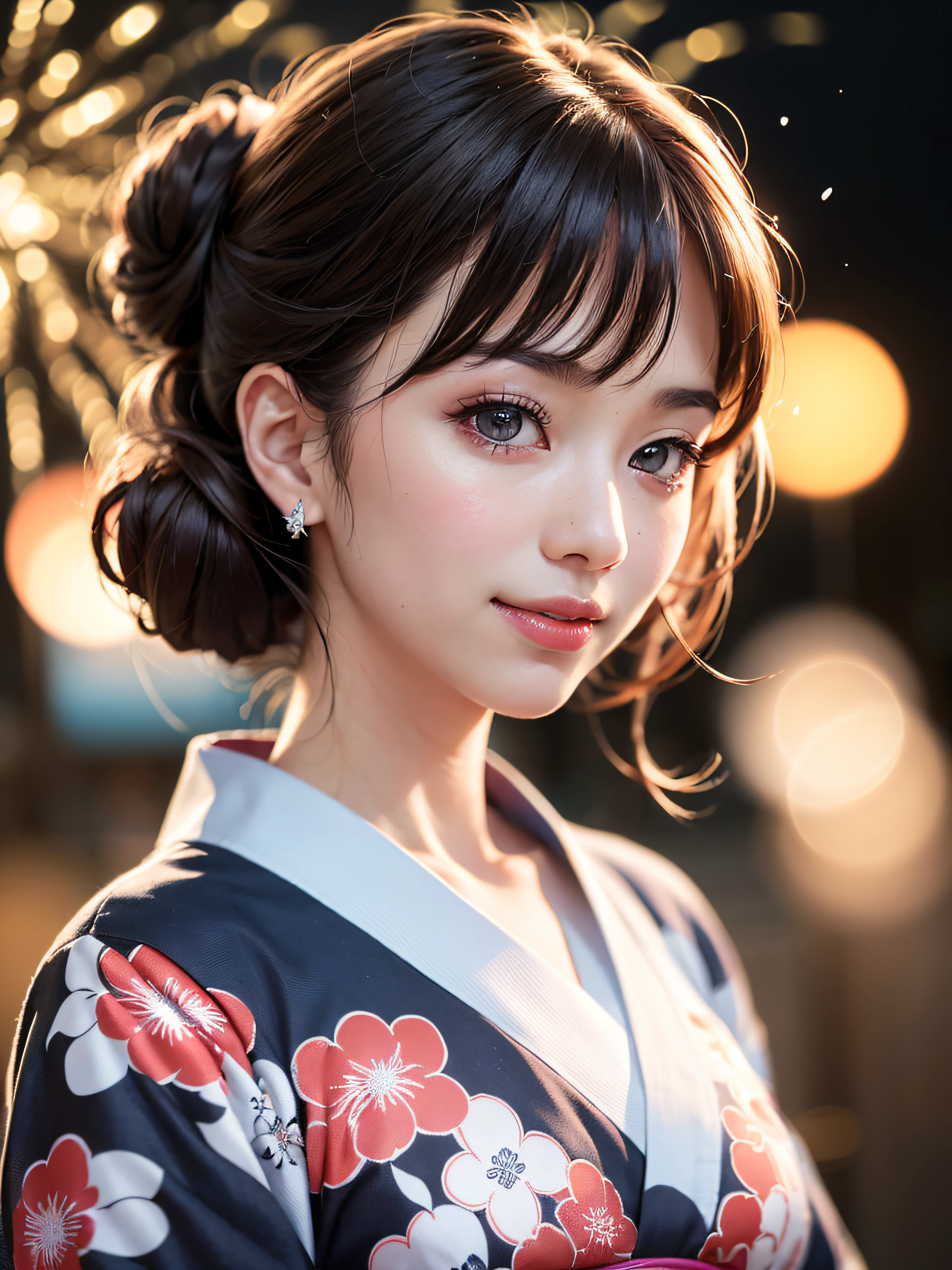 (realistic, photo-realistic:1.37), (masterpiece:1.2), (best quality:1.4), (ultra high res:1.2),(RAW photo:1.2), (sharp focus:1.3), (face focus:1.2), vibrant details, hyperrealistic, (full body:1.37), (1girl wearing detailed yukata:1.5), (23yo:1.1), (happy smile:1.35), (extremely detailed beautiful face and eyes:1.4), (extremely detailed beautiful hair:1.4),delicate composition,(posing), (young hands:1.2), medium breast, flower hair ornament,(Updo hair:1.3),( lipgloss, eyelashes, gloss-face, glossy skin, best quality, ultra highres, depth of field, chromatic aberration, caustics, Broad lighting, natural shading,Kpop idol:1.2) looking at viewer with a serene and goddess-like happiness,BREAK,
(Beautiful fireworks in the night sky background:1.2),(japanese summer festival:1.1), scenery, bangs, beautiful detailed eyes, makeup, looking at viewer, (cute), (soft lighting), finely detail,