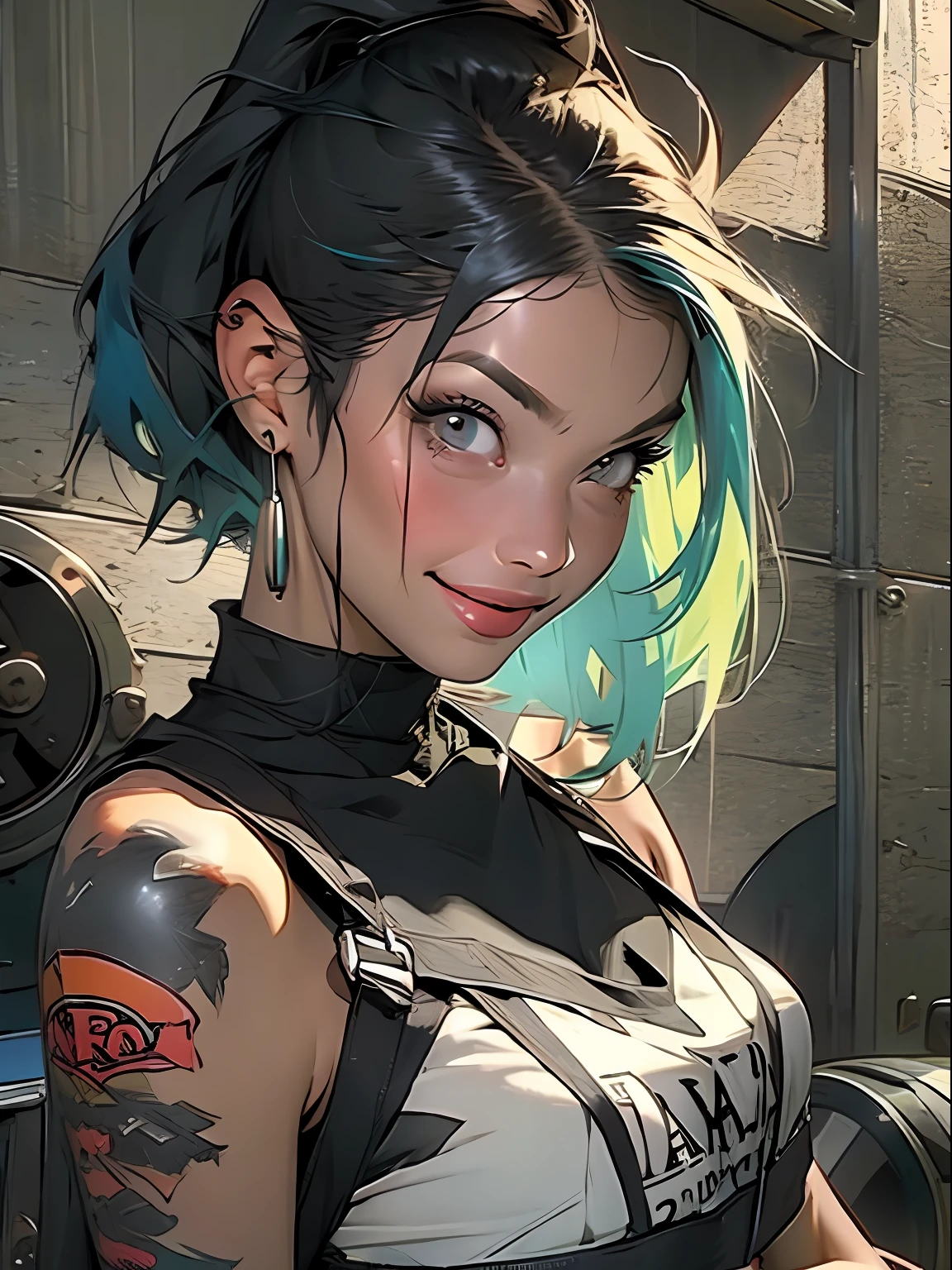 (( corpo inteiro )), master part, best quality, super detalhe, 8k, mulher linda, Tank Girl com cara de maluca, sorriso malicioso , cabelo moicano colorido, garota punk, post-apocalyptic world, (( ****** do tanque )), Nijistyle, roupas rasgadas e sujas, moicano curto, sides of shaved head, rosto limpo