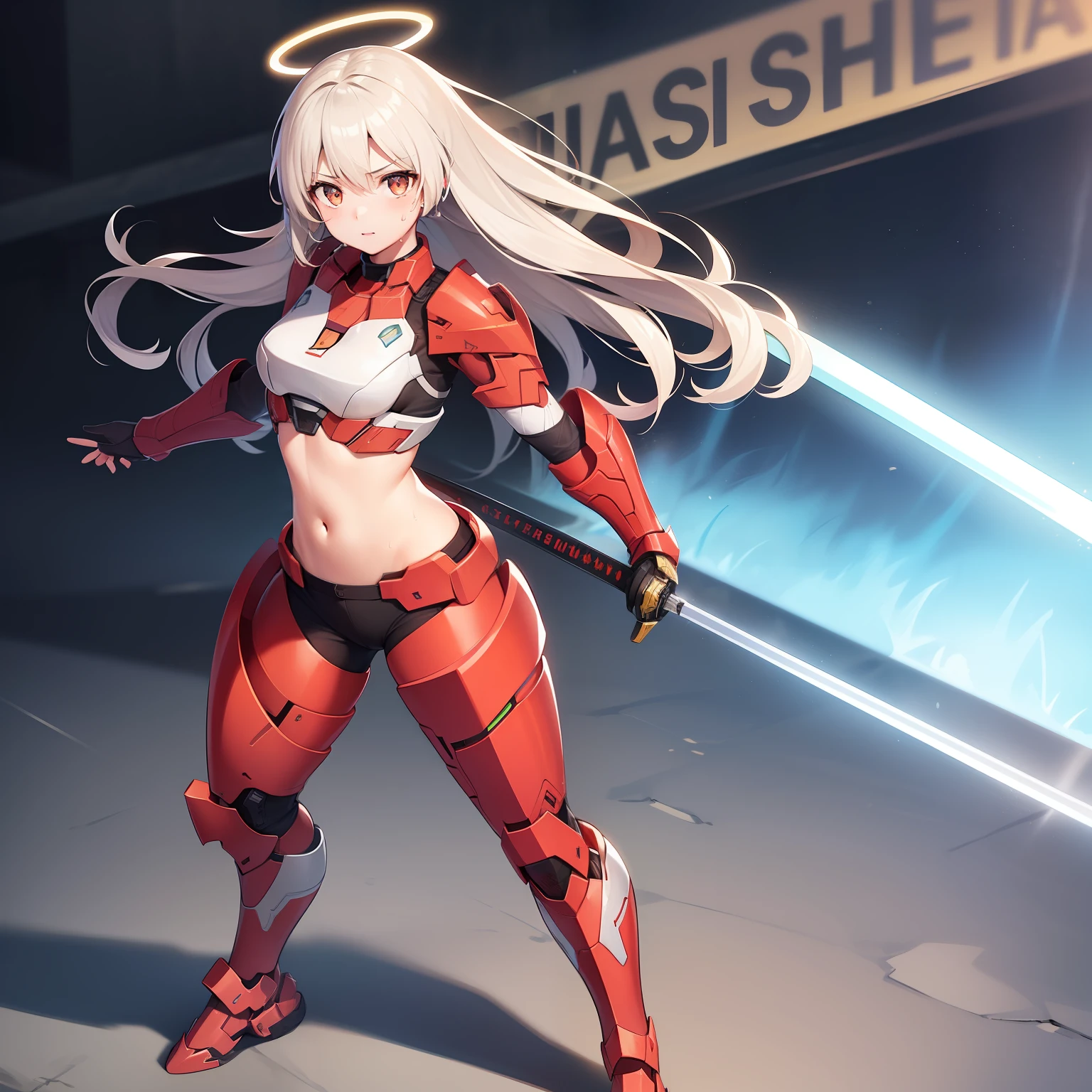 1 girl, solo, Ayanami from Azur Lane, fighting stance, katana in hand, massive great laser sword, swinging sword, highly detailed katana, (masterpiece), (best quality), detailed eyes, beautiful hands, straight hands, shiny hair, light blonde hair, long hair, straight hair, reddish orange eyes. full body, sweaty, small breasts, midriff, standing, blue sky, (((red and silver spartan armor from Halo))), standing, (highly detailed rifle),