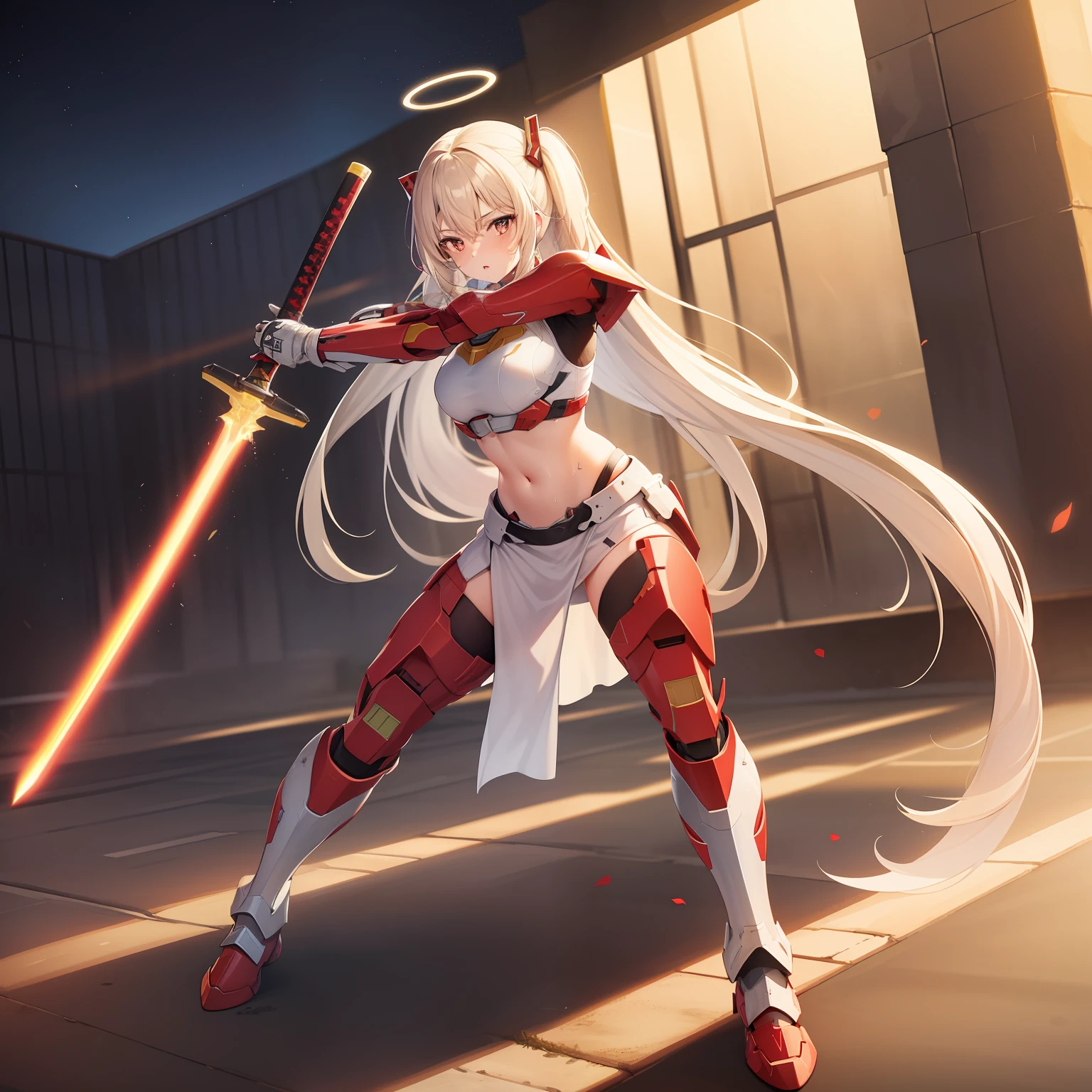 1 girl, solo, Ayanami from Azur Lane, fighting stance, katana in hand, massive great laser sword, swinging sword, highly detailed katana, (masterpiece), (best quality), detailed eyes, beautiful hands, straight hands, shiny hair, light blonde hair, long hair, straight hair, reddish orange eyes. full body, sweaty, small breasts, midriff, standing, blue sky, (((red and silver spartan armor from Halo))), standing, (highly detailed rifle),