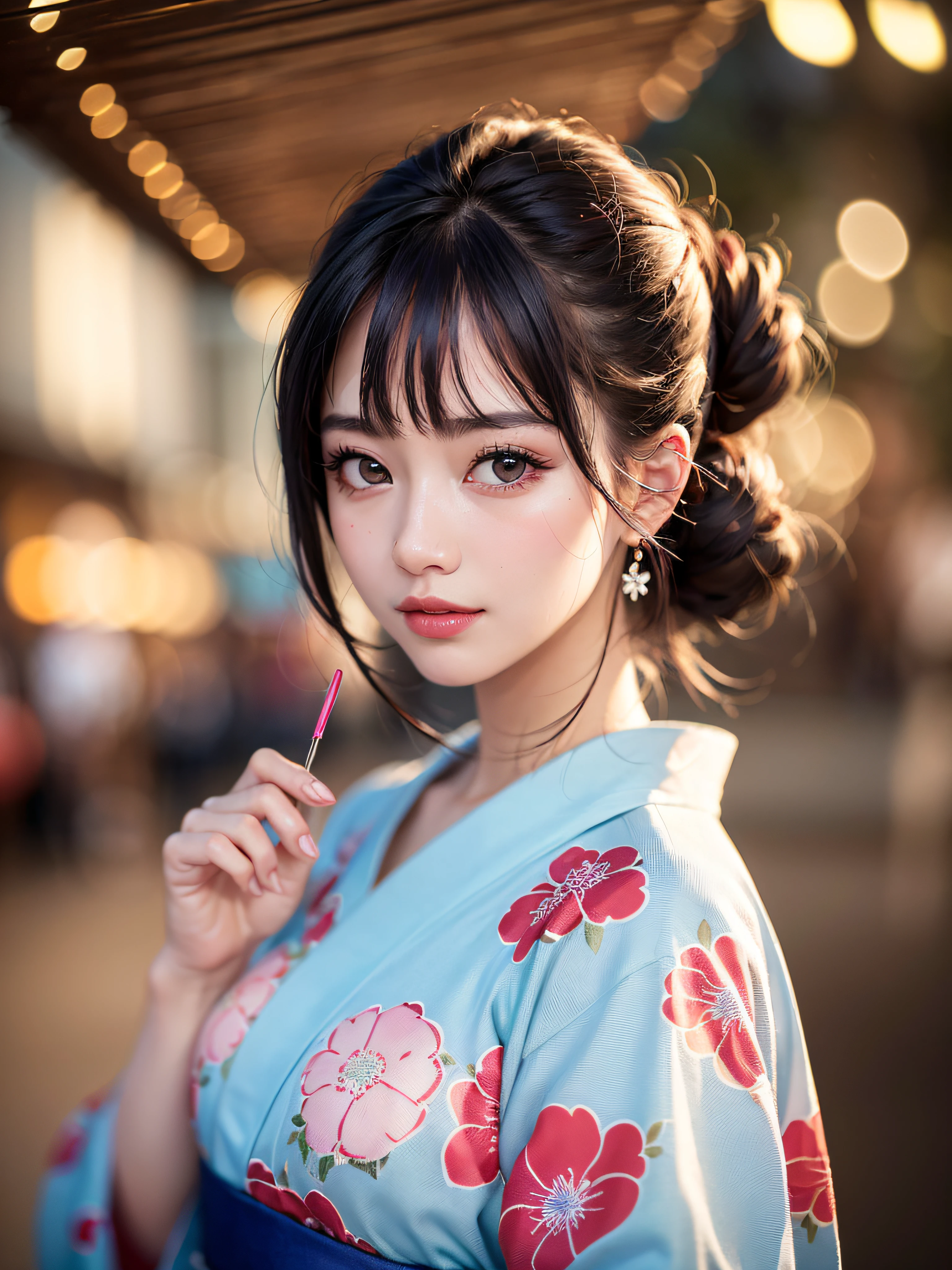 (realistic, photo-realistic:1.37), (masterpiece:1.2), (best quality:1.4), (ultra high res:1.2),(RAW photo:1.2), (sharp focus:1.3), (face focus:1.2), vibrant details, hyperrealistic, (full body:1.37), (1girl wearing detailed yukata:1.5), (23yo:1.1), (happy smile:1.35), (extremely detailed beautiful face and eyes:1.4), (extremely detailed beautiful hair:1.4),delicate composition,(posing), (young hands:1.2), medium breast, flower hair ornament,(Updo hair:1.3),( lipgloss, eyelashes, gloss-face, glossy skin, best quality, ultra highres, depth of field, chromatic aberration, caustics, Broad lighting, natural shading,Kpop idol:1.2) looking at viewer with a serene and goddess-like happiness,BREAK,
(Beautiful fireworks in the night sky background:1.2),(japanese summer festival:1.1), scenery, bangs, beautiful detailed eyes, makeup, looking at viewer, (cute), (soft lighting), finely detail,