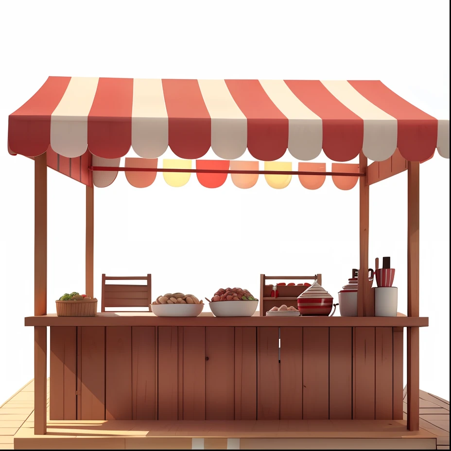 c4d,3D,Front view,cartoony,Cartoon illustration of wooden bracket with red and white awning, market stall, food stall, market stall,Merchant booths, Food stalls, Stand, Simple cartoon style, MarketaB, marketplace, red and brown color scheme, Simple illustration