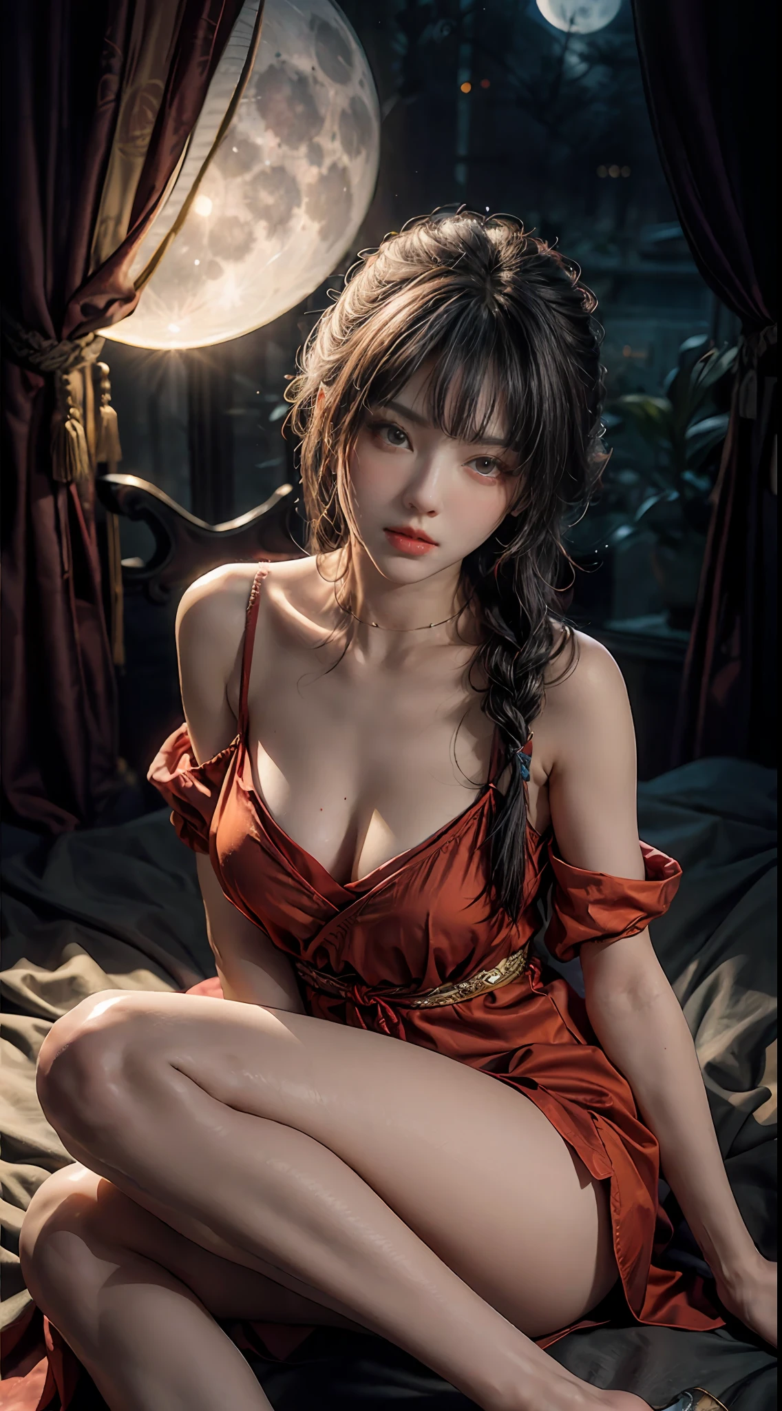 Art depicts a charming woman,Dressed in a flowing manner、Silky low-cut hanfu,In pink,Decorated with intricate patterns and bright colors。Her dress draped elegantly over her curvy figure,Highlights her seductive silhouette。She lay lazily under the moon,legs are open ,Shines through panties,bathed in the soft glow of the moonlight。The scene exudes an ethereal and dreamy atmosphere,With a touch of mystery and sexiness。The image style incorporates watercolor and digital illustration techniques,It evokes a refined beauty and charm。The lights are filled with soft moonlight,casting soft highlights and shadows on her charming features。Bare thighs,Bigchest,Three-dimensional facial features,Lie with your legs apart,Side braids