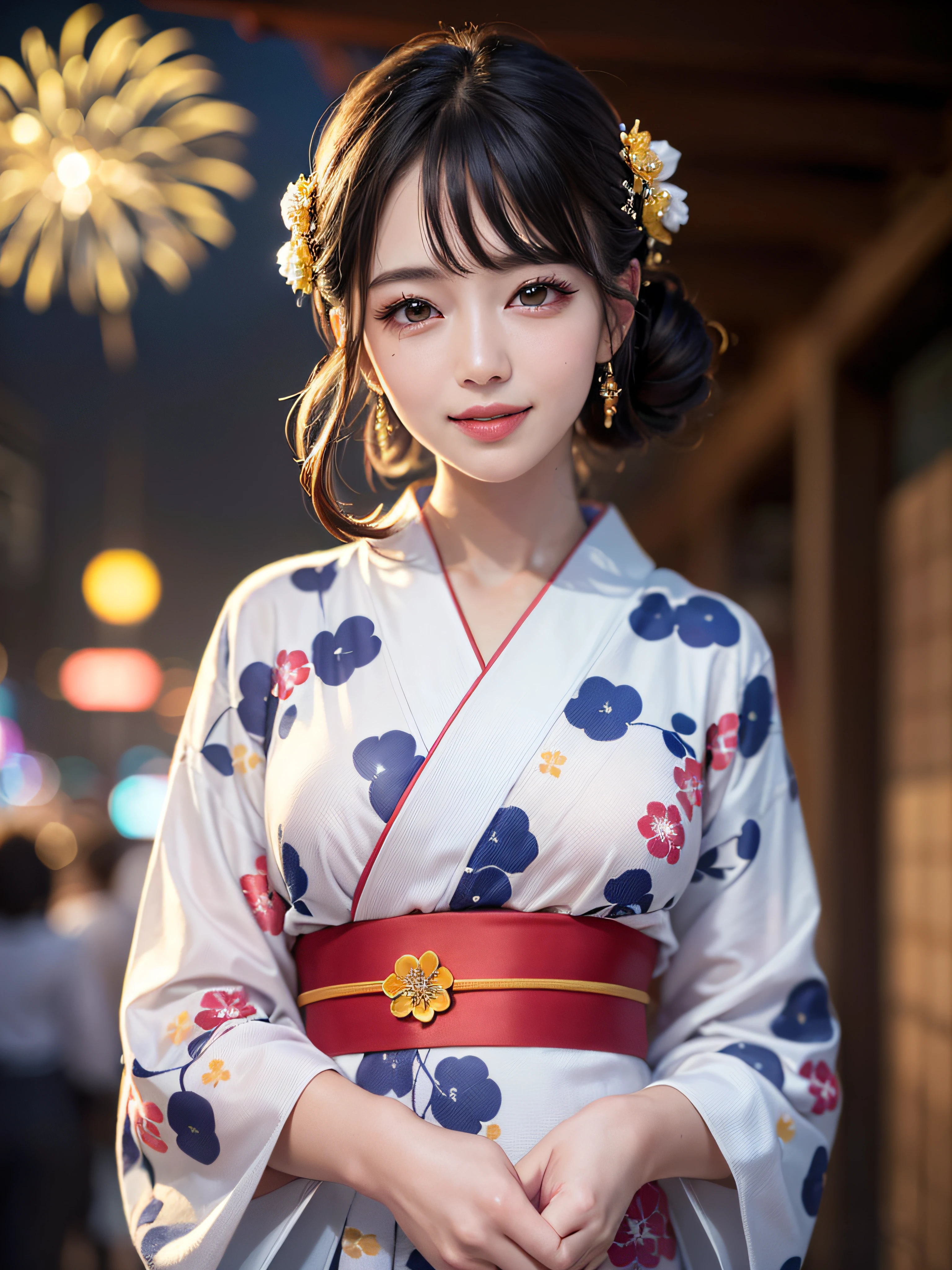 (realistic, photo-realistic:1.37), (masterpiece:1.2), (best quality:1.4), (ultra high res:1.2),(RAW photo:1.2), (sharp focus:1.3), (face focus:1.2), vibrant details, hyperrealistic, (full body:1.37), (1girl wearing detailed yukata:1.5), (23yo:1.1), (happy smile:1.35), (extremely detailed beautiful face and eyes:1.4), (extremely detailed beautiful hair:1.4),delicate composition,(posing), (young hands:1.2), medium breast, flower hair ornament,(Updo hair:1.3),( lipgloss, eyelashes, gloss-face, glossy skin, best quality, ultra highres, depth of field, chromatic aberration, caustics, Broad lighting, natural shading,Kpop idol:1.2) looking at viewer with a serene and goddess-like happiness,BREAK,
(Beautiful fireworks in the night sky background:1.2),(japanese summer festival:1.1), scenery, bangs, beautiful detailed eyes, makeup, looking at viewer, (cute), (soft lighting), finely detail,