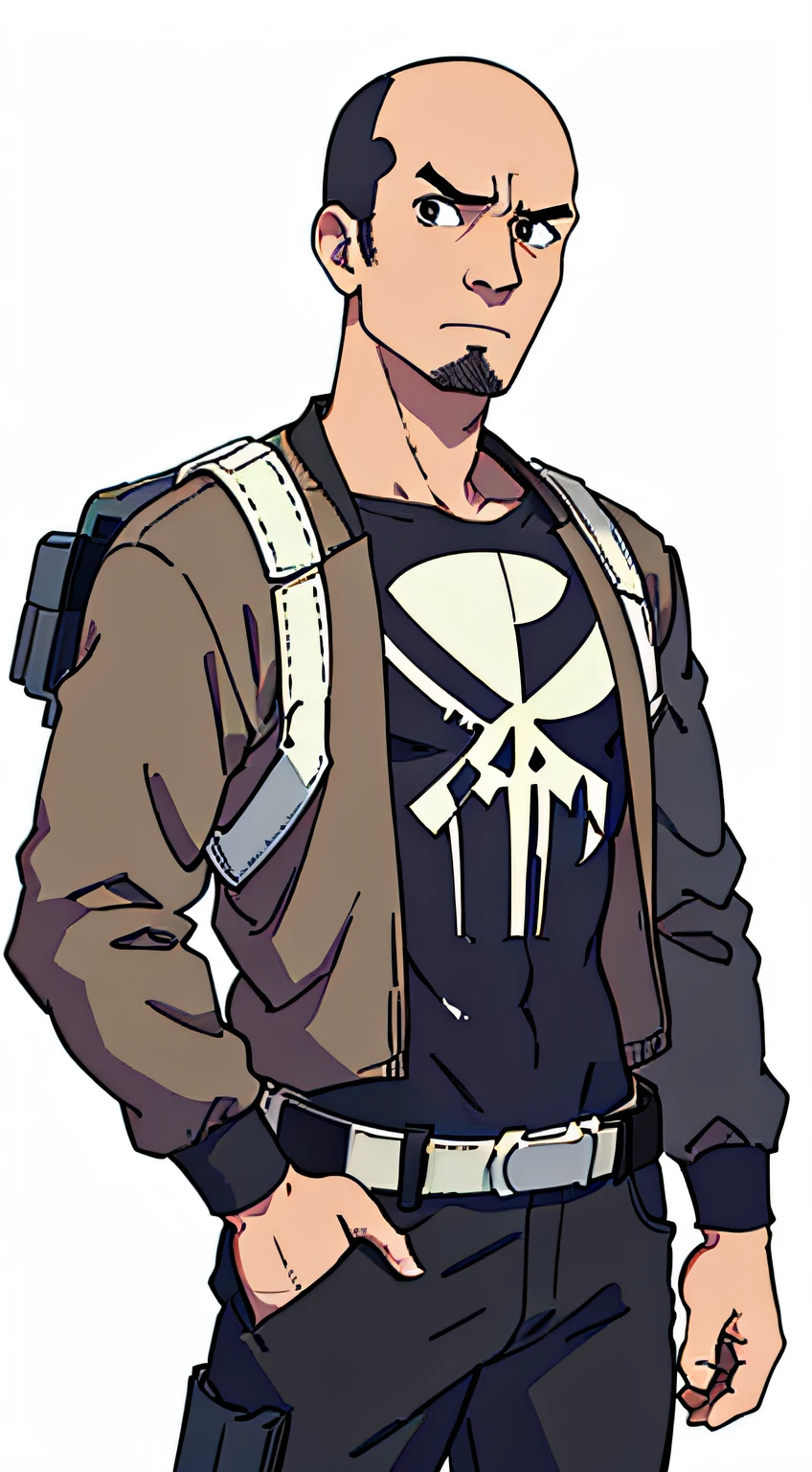 (best-quality:0.8), broken introspective perfect anime illustration, 60 years old, bald man, Wearing costume, punisher-like body suit with belt and a sidearm holster, brown eyes, Strong overall build, simple colors, white background, waist-up shot, half body shot, high resolution, no props, neutral pose, front view, normal pose