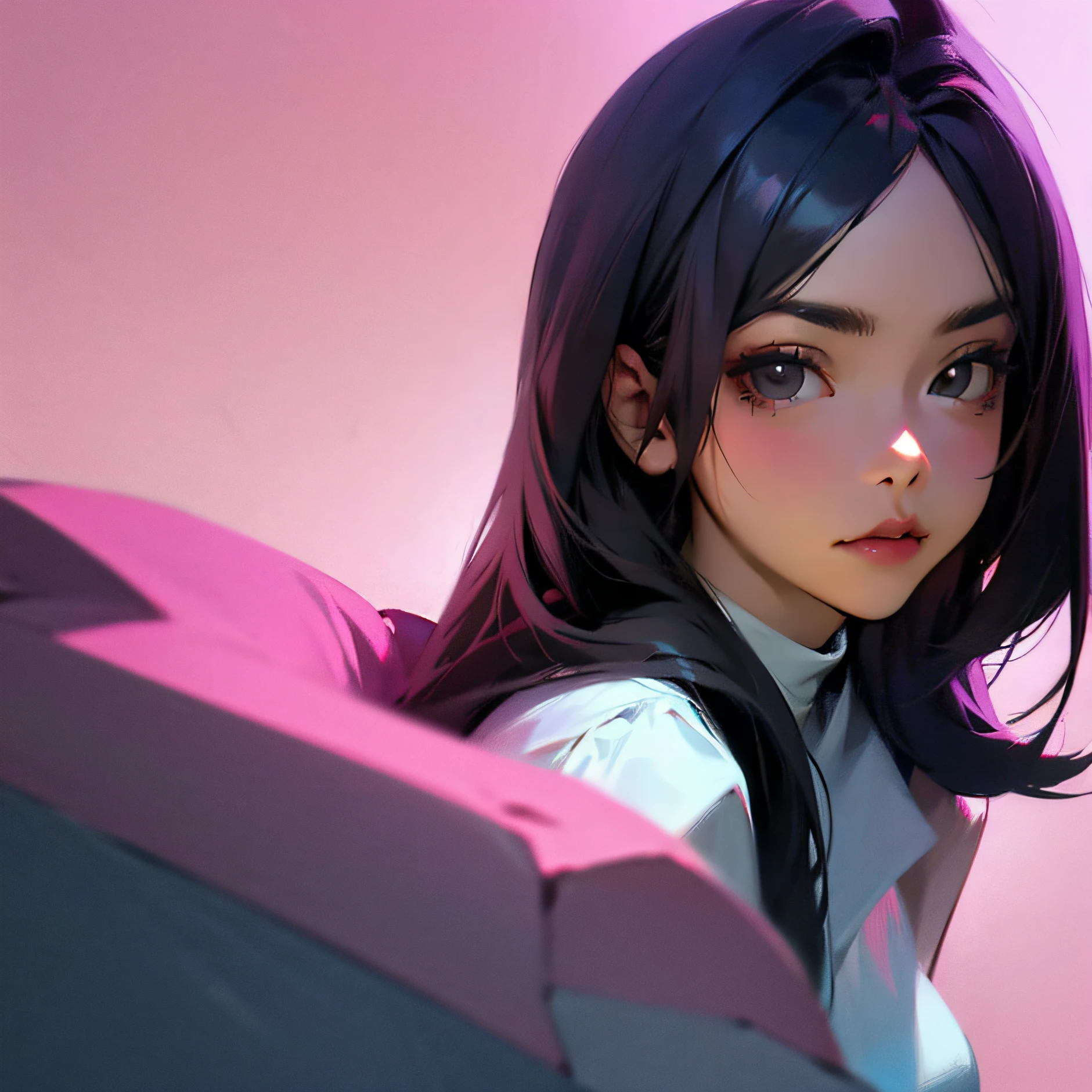 Realistic portrait of sweet cool girl black pink hair